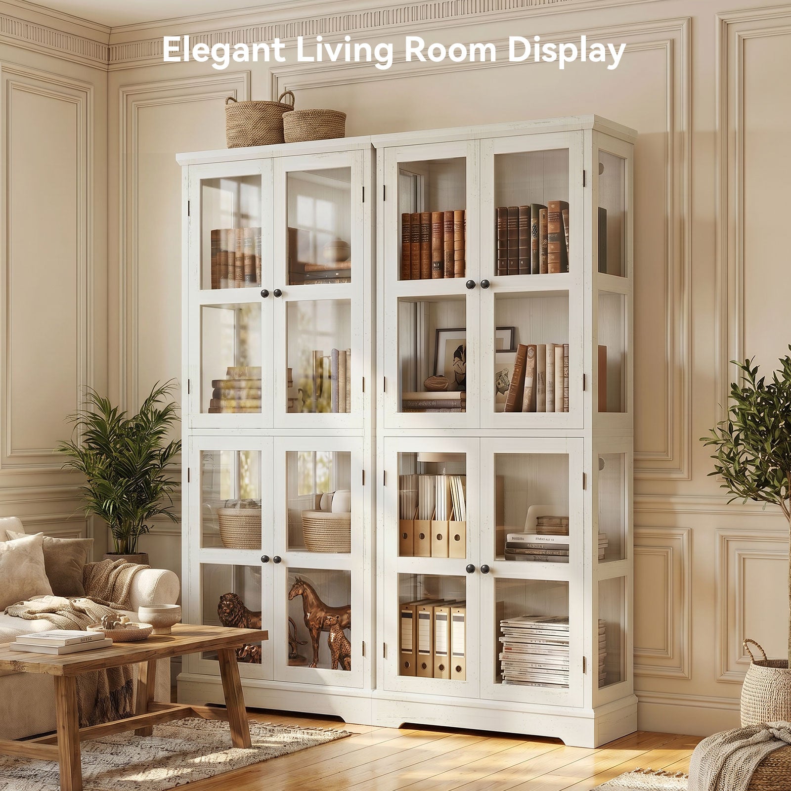 68"LED Bookcase with Glass Doors,Glass Door Bookcase Display Cabinet,Rustic White Bookshelf with Storage Shelves for Books,Collectibles, Decor,Curio Display Bookcase for Living Room,Anti-Tip Furniture