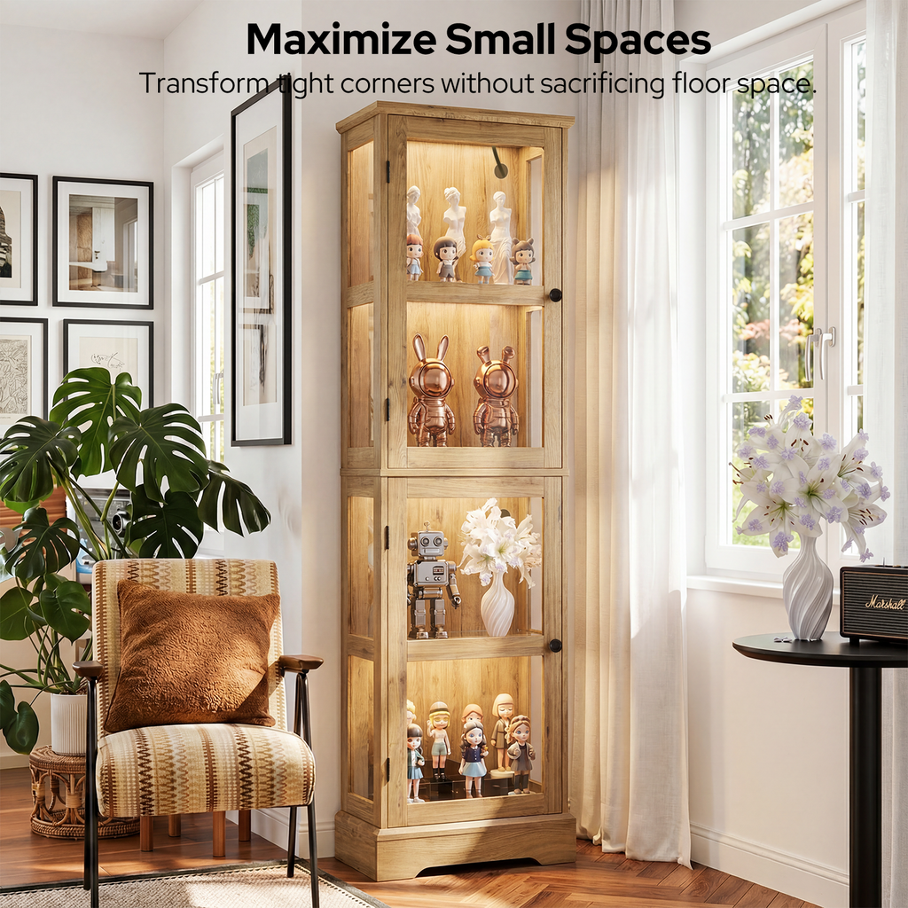 68.3" Tall Storage Cabinet with Glass Doors, Narrow Freestanding Floor Cabinet with Adjustable Shelves, RGB Lights & Reversible Door, Display Organizer for Living Room, Kitchen