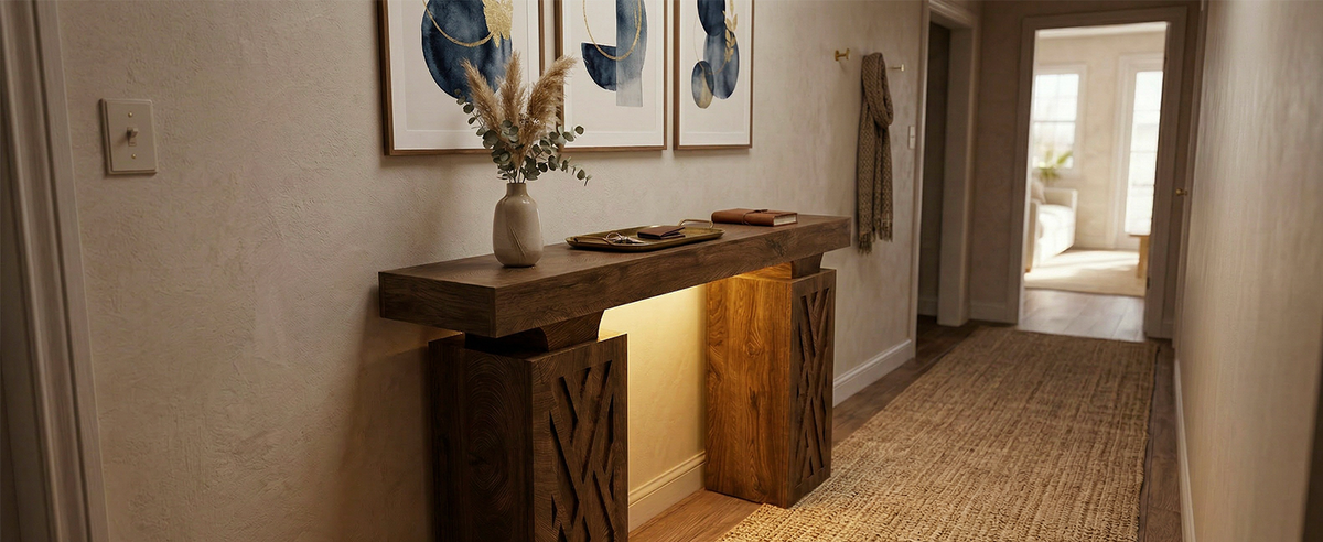 63-Inch Console Table with RGB LED Lights & Charging Station | Farmhouse Entryway Table with Geometric Base, Solid Wood-Grain Sofa Table Behind Couch, Accent Table for Hallway, Cracked Oak