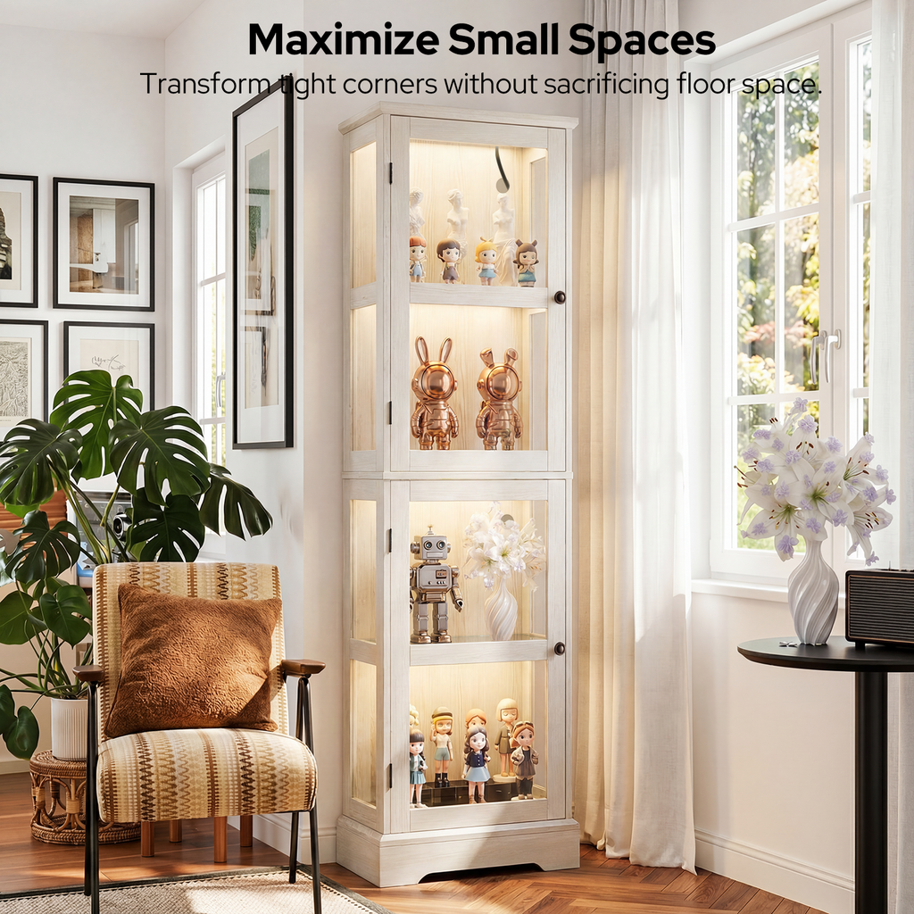 68.3" Tall Storage Cabinet with Glass Doors, Narrow Freestanding Floor Cabinet with Adjustable Shelves, RGB Lights & Reversible Door, Display Organizer for Living Room, Kitchen