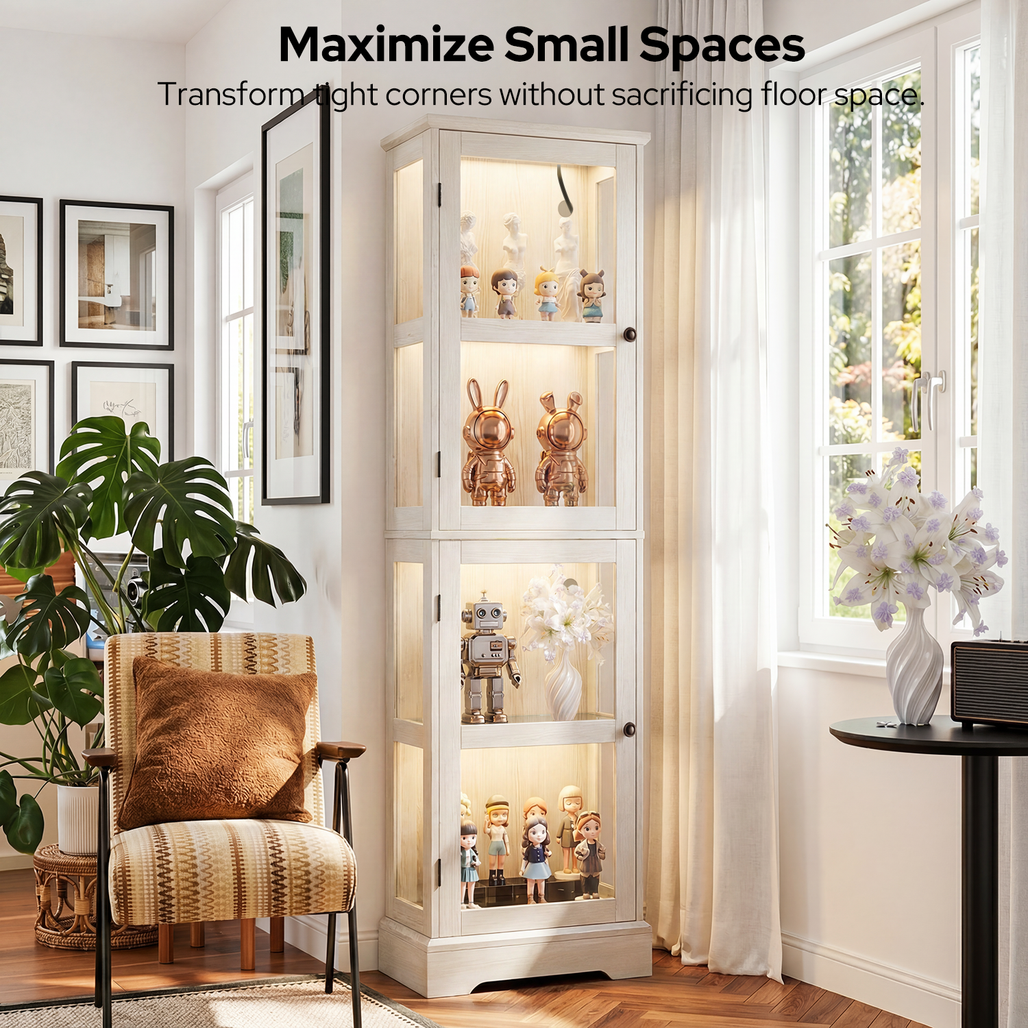 68.3" Tall Storage Cabinet with Glass Doors, Narrow Freestanding Floor Cabinet with Adjustable Shelves, RGB Lights & Reversible Door, Display Organizer for Living Room, Kitchen