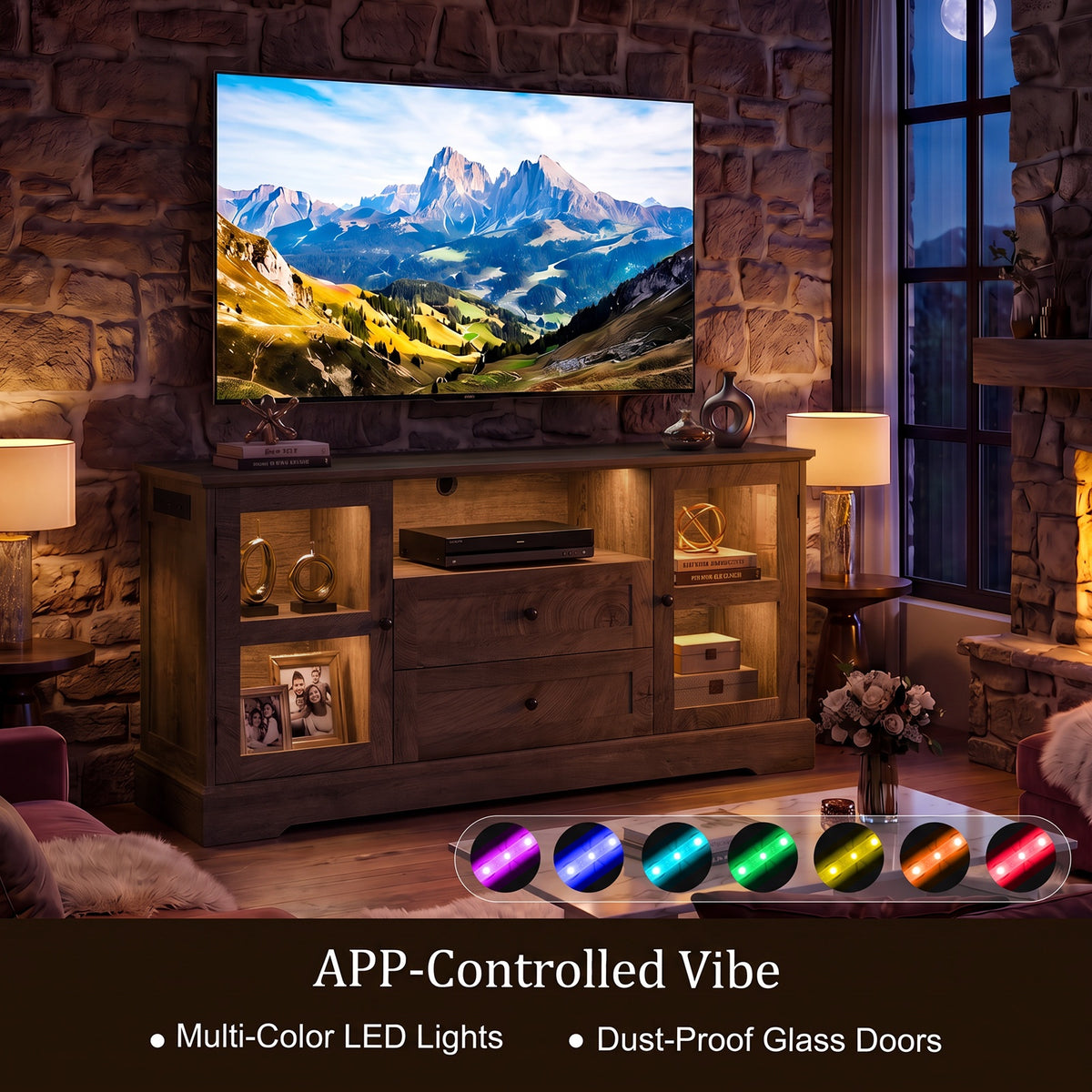 55 Inch TV Stand for TVs up to 60", Entertainment Center with 2 Large Storage Drawers & RGB Lights, Wood Media Console Table with Hidden Power Outlets and Tempered Glass Doors, Cracked Oak