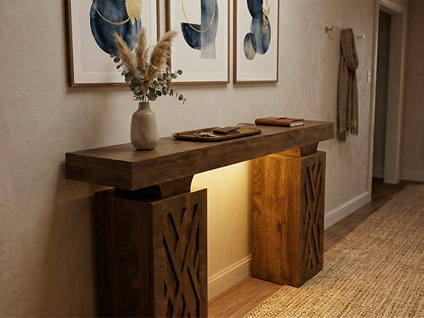 63-Inch Console Table with RGB LED Lights & Charging Station | Farmhouse Entryway Table with Geometric Base, Solid Wood-Grain Sofa Table Behind Couch, Accent Table for Hallway, Cracked Oak
