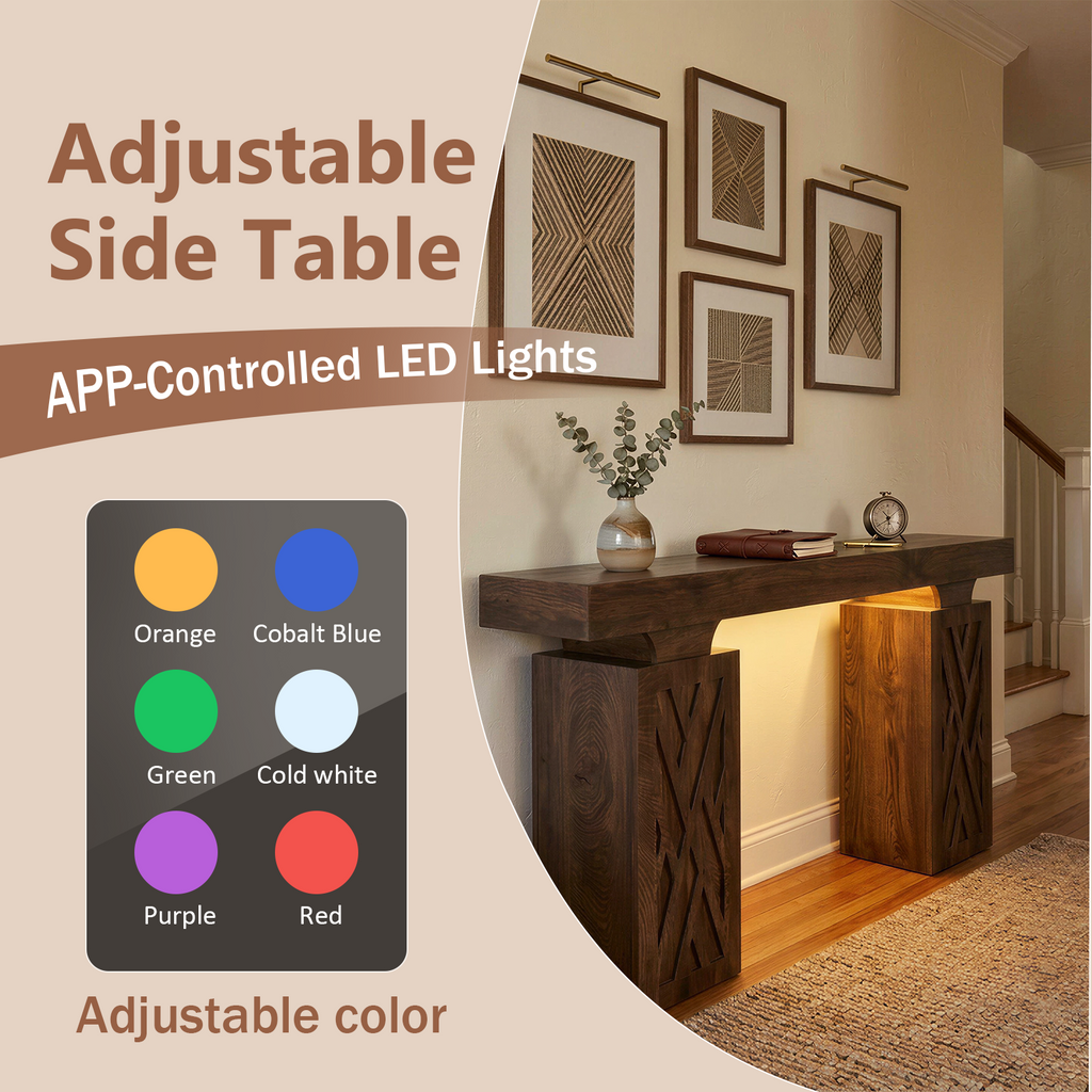 63-Inch Console Table with RGB LED Lights & Charging Station | Farmhouse Entryway Table with Geometric Base, Solid Wood-Grain Sofa Table Behind Couch, Accent Table for Hallway, Cracked Oak