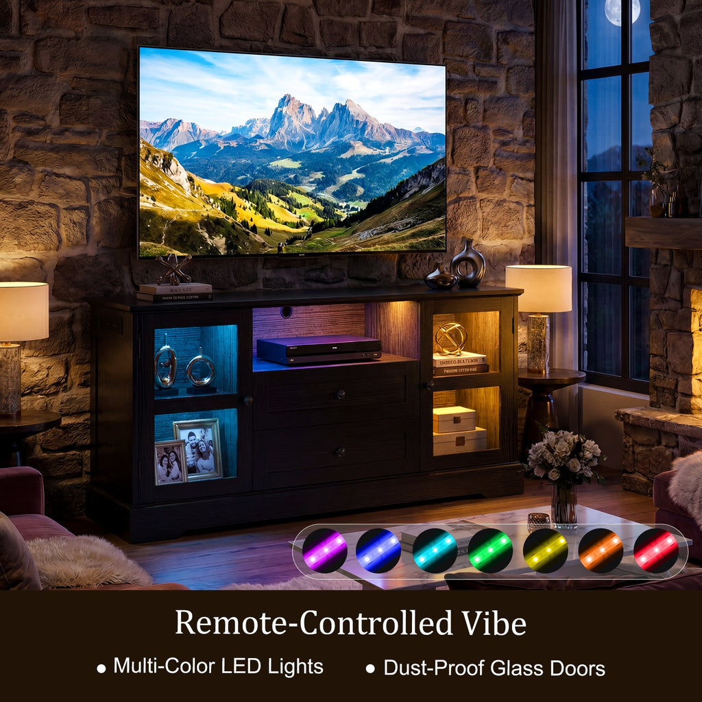 55 Inch TV Stand for TVs up to 60", Entertainment Center with 2 Large Storage Drawers & RGB Lights, Wood Media Console Table with Hidden Power Outlets and Tempered Glass Doors,Black