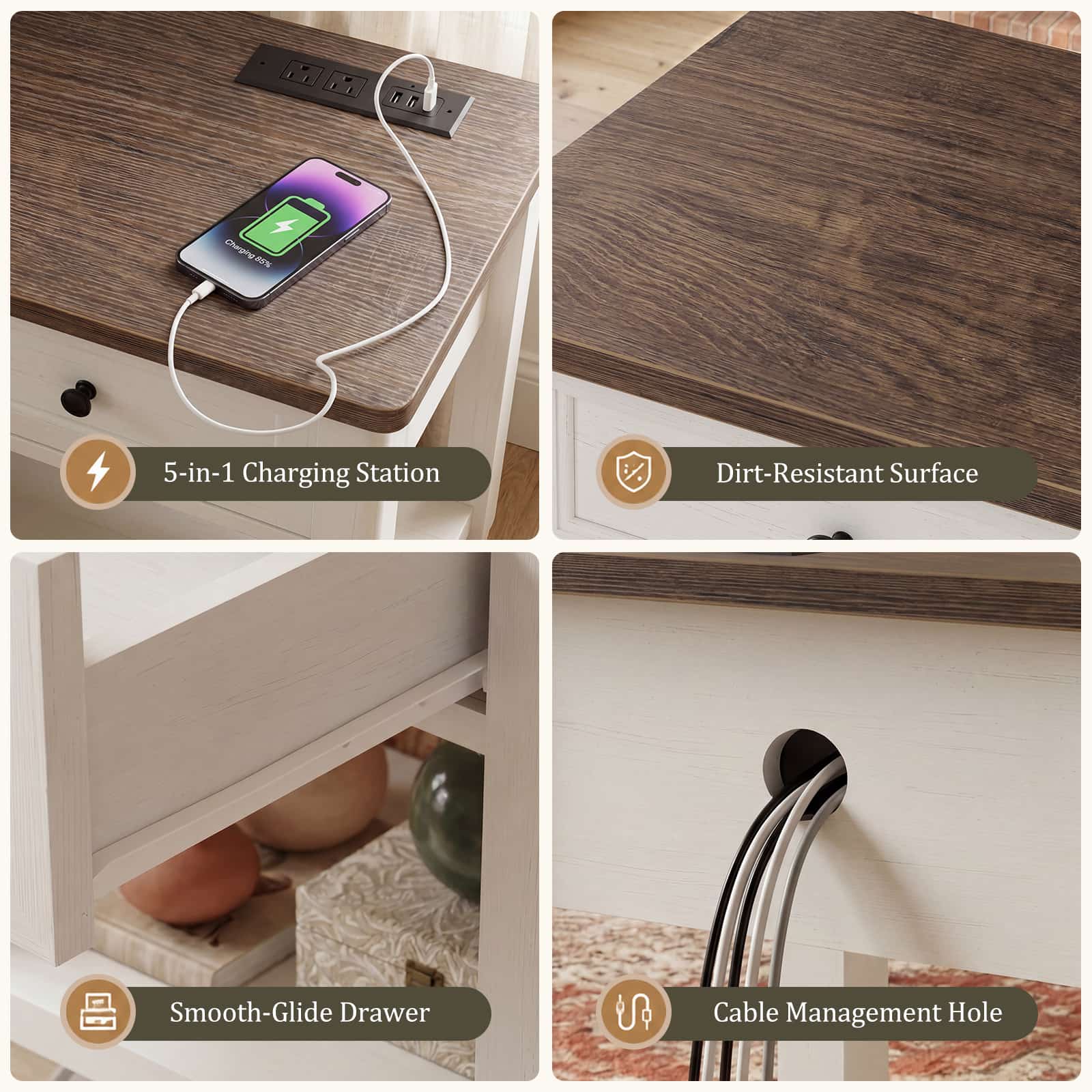 Farmhouse Nightstand with Charging Station, End Table with 2 AC Outlets & 3 USB Ports, Bedside & Sofa Side Power Hub, 19"x16"x24" Small Side Table with Drawer & Storage Shelf, 75lbs Capacity