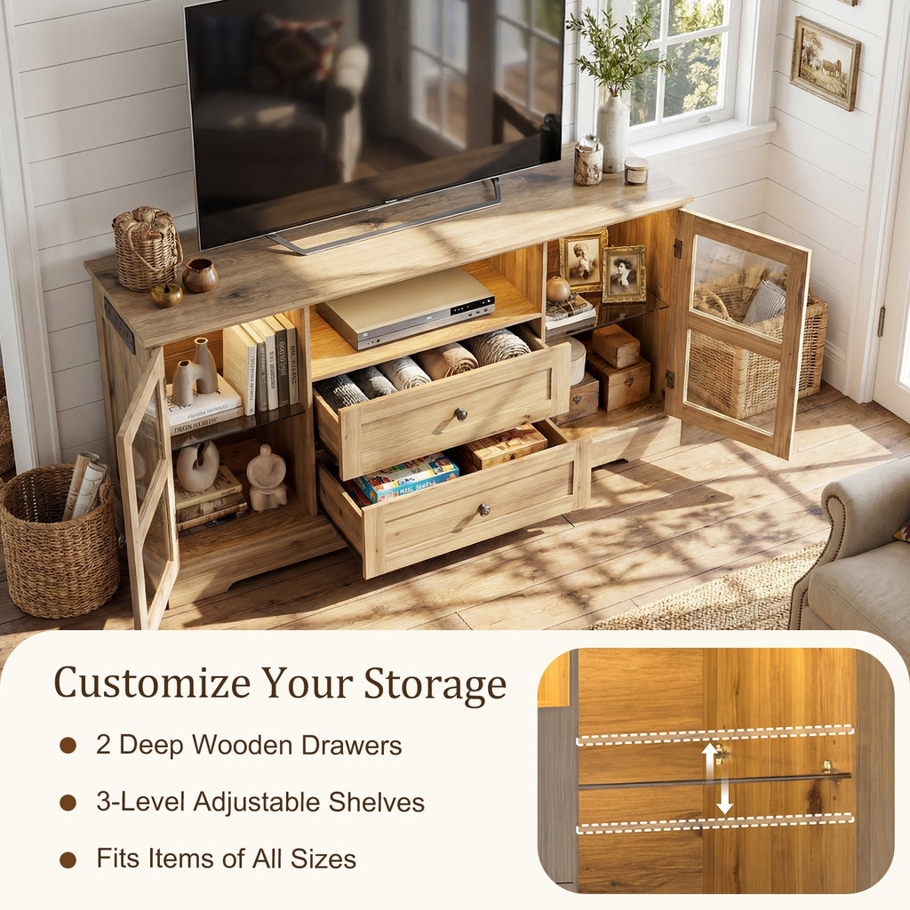 55 Inch Buffet Cabinet with Power Outlets, Coffee Bar with 2 Drawers, RGB LED Lights, Tempered Glass Doors & Adjustable Shelves, Modern Farmhouse Sideboard Storage Cabinet
