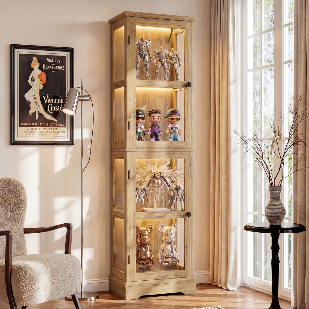 68.3" Tall Storage Cabinet with Glass Doors, Narrow Freestanding Floor Cabinet with Adjustable Shelves, RGB Lights & Reversible Door, Display Organizer for Living Room, Kitchen