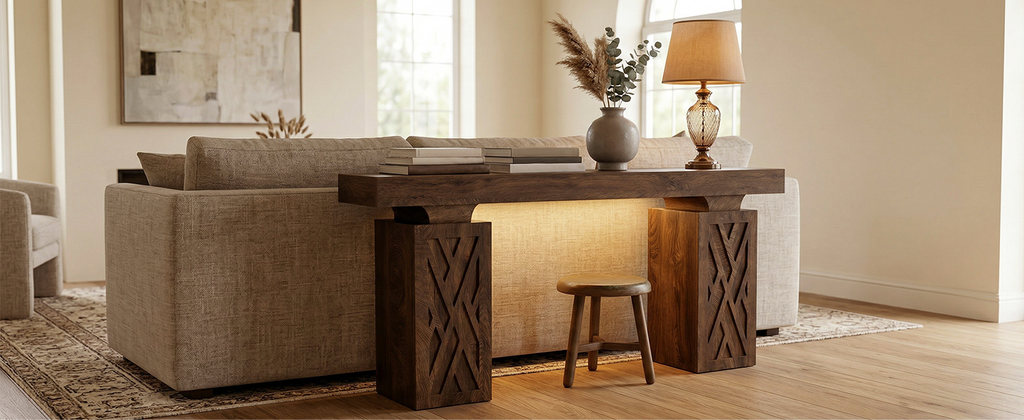 63-Inch Console Table with RGB LED Lights & Charging Station | Farmhouse Entryway Table with Geometric Base, Solid Wood-Grain Sofa Table Behind Couch, Accent Table for Hallway, Cracked Oak