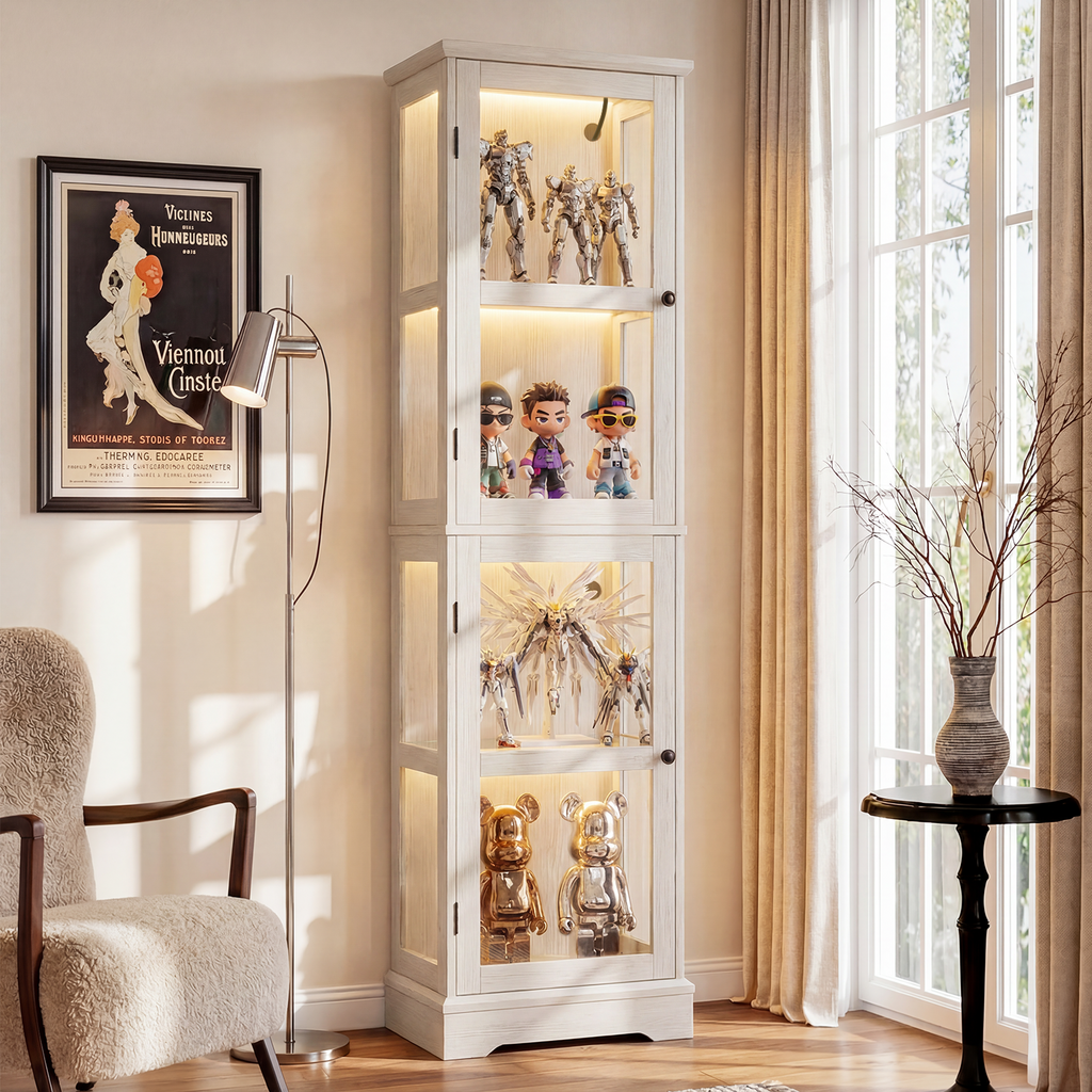 68.3" Tall Storage Cabinet with Glass Doors, Narrow Freestanding Floor Cabinet with Adjustable Shelves, RGB Lights & Reversible Door, Display Organizer for Living Room, Kitchen