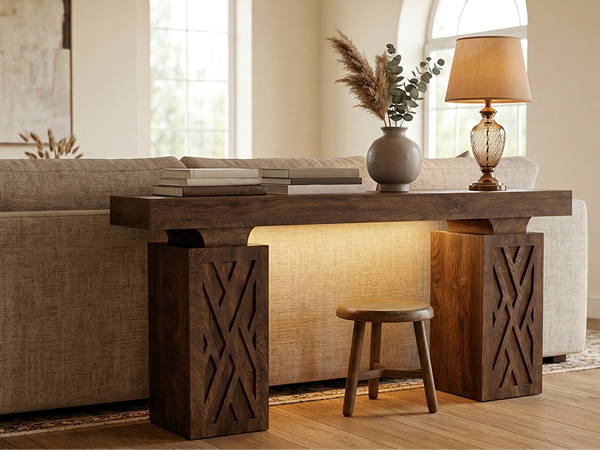 63-Inch Console Table with RGB LED Lights & Charging Station | Farmhouse Entryway Table with Geometric Base, Solid Wood-Grain Sofa Table Behind Couch, Accent Table for Hallway, Cracked Oak