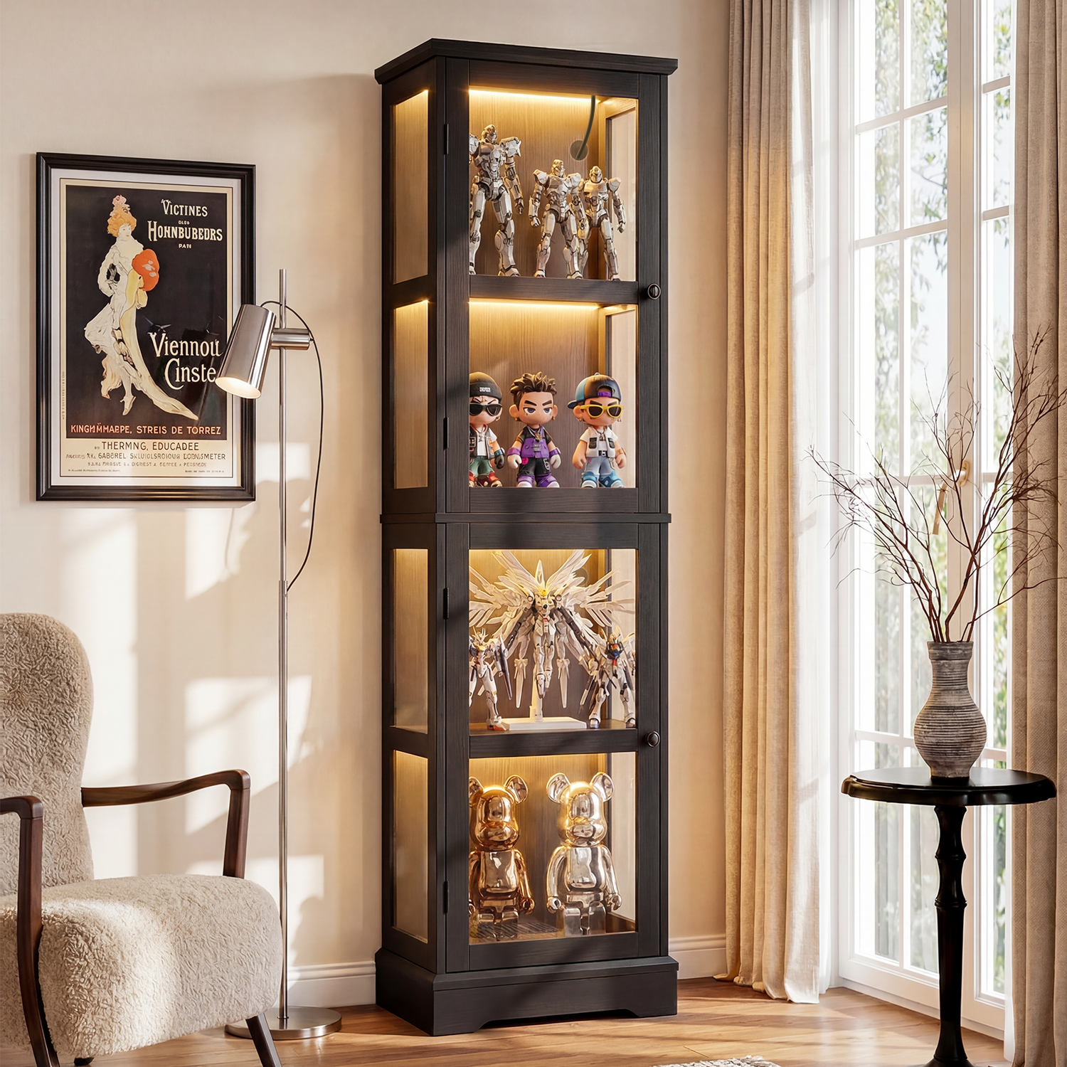 68.3" Tall Storage Cabinet with Glass Doors, Narrow Freestanding Floor Cabinet with Adjustable Shelves, RGB Lights & Reversible Door, Display Organizer for Living Room, Kitchen