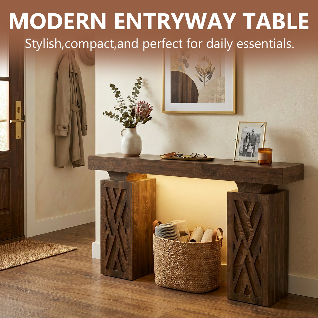 63-Inch Console Table with RGB LED Lights & Charging Station | Farmhouse Entryway Table with Geometric Base, Solid Wood-Grain Sofa Table Behind Couch, Accent Table for Hallway, Cracked Oak