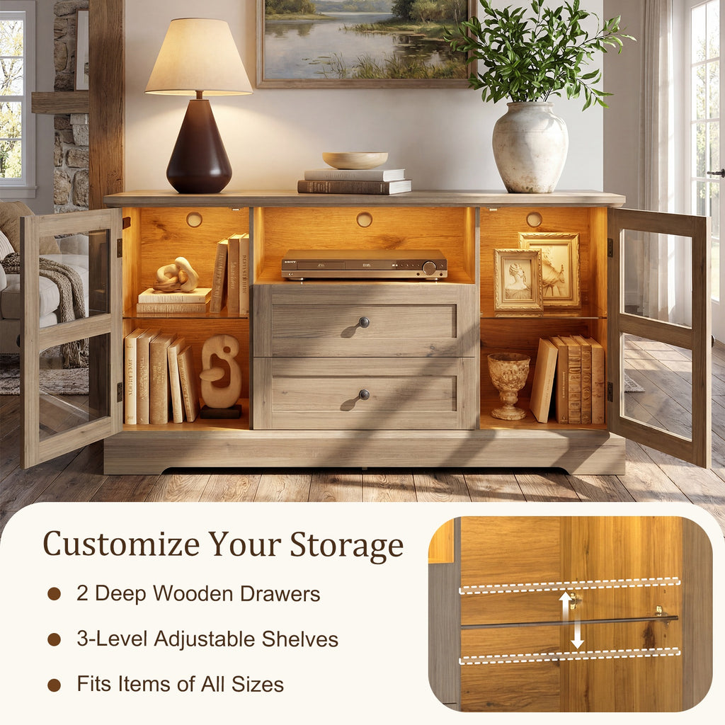 55 Inch Buffet Cabinet with Power Outlets, Coffee Bar with 2 Drawers, RGB LED Lights, Tempered Glass Doors & Adjustable Shelves, Modern Farmhouse Sideboard Storage Cabinet