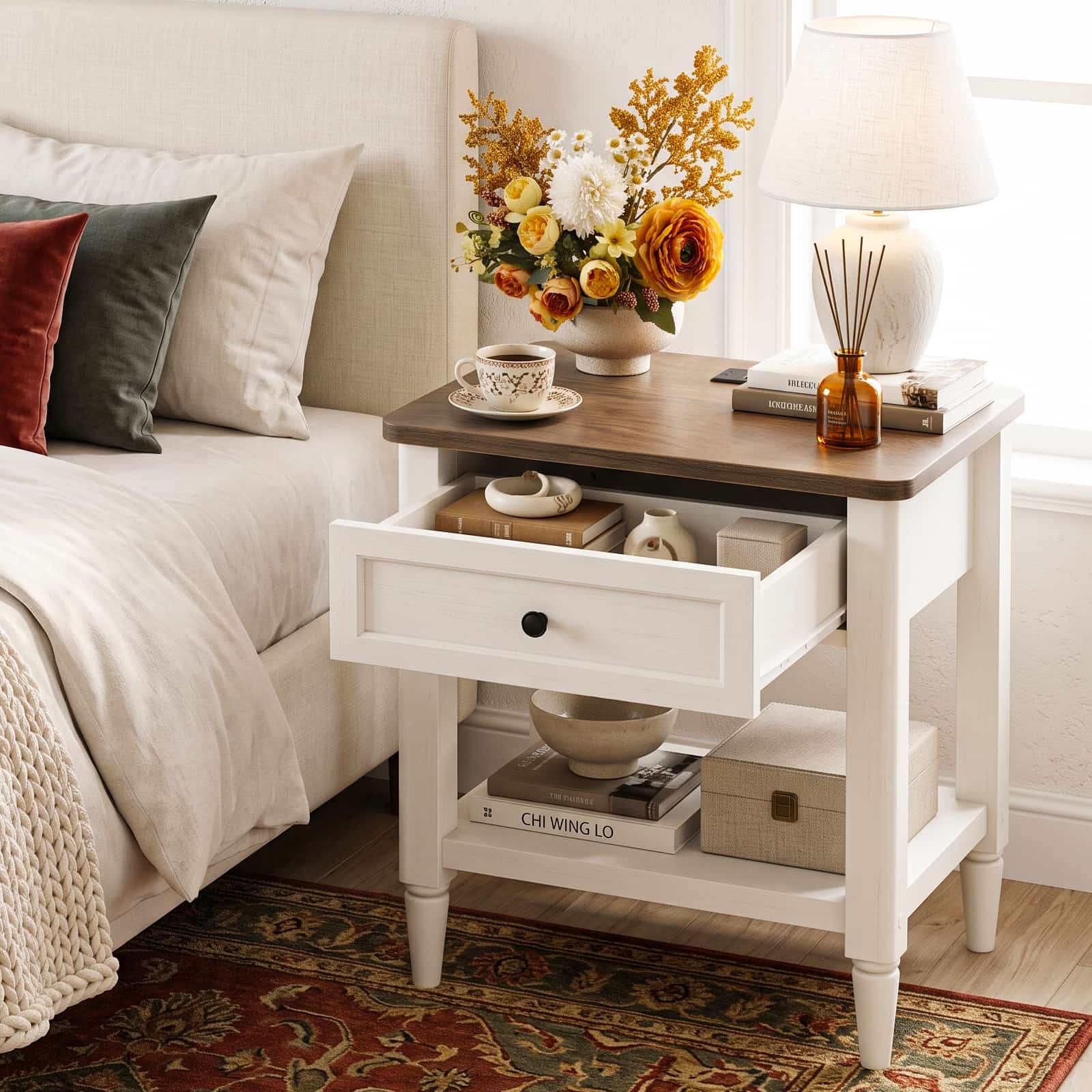 Farmhouse Nightstand with Charging Station, End Table with 2 AC Outlets & 3 USB Ports, Bedside & Sofa Side Power Hub, 19"x16"x24" Small Side Table with Drawer & Storage Shelf, 75lbs Capacity