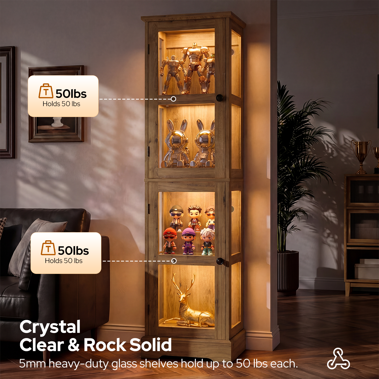 68.31" Tall 4-Tier Glass Display Cabinet with RGB LED Lights, Narrow Tall Curio Cabinet with Reversible Glass Door & Adjustable Shelves, Wood Display Case for Collectibles Living Room