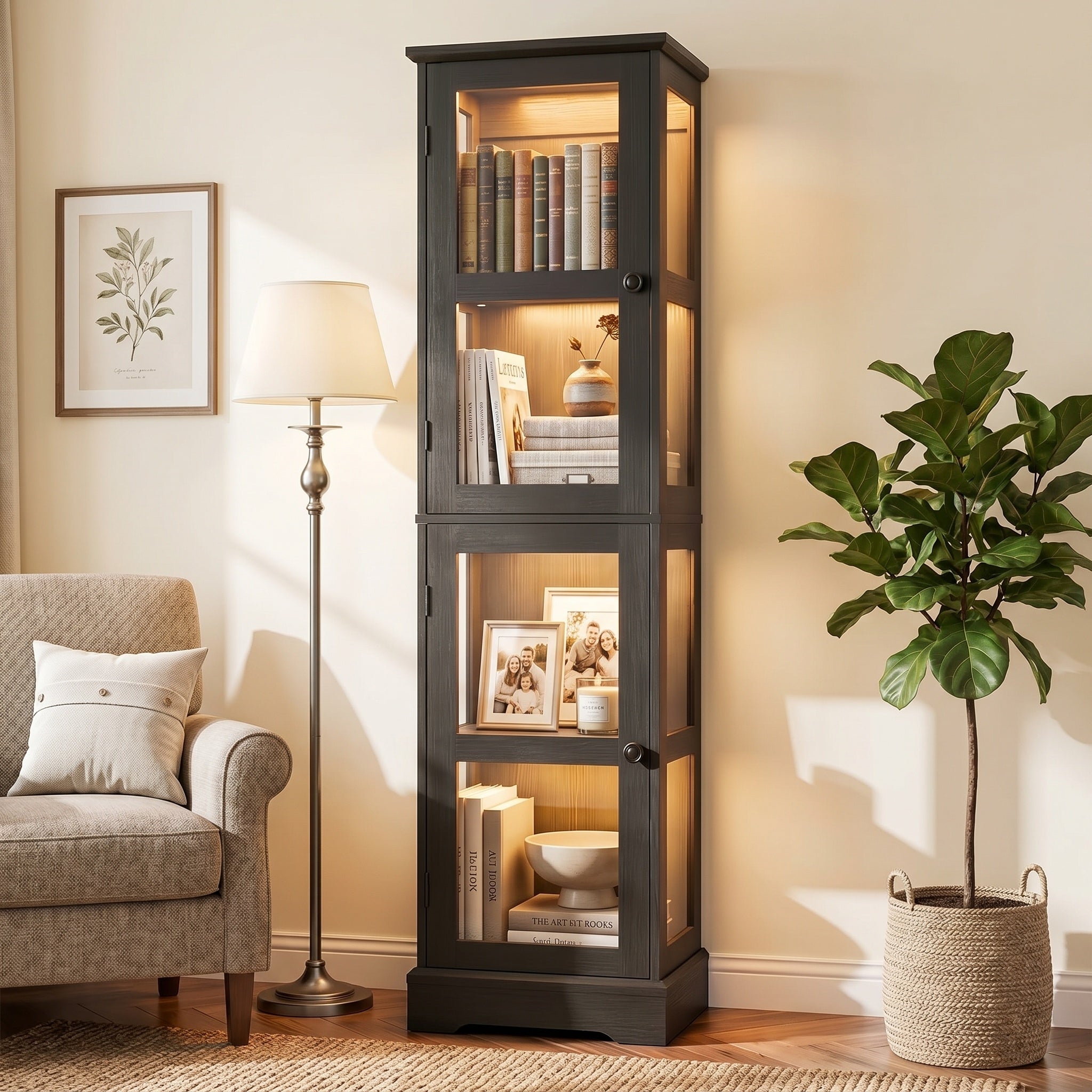 68.3" Tall Storage Cabinet with Glass Doors, Narrow Freestanding Floor Cabinet with Adjustable Shelves, RGB Lights & Reversible Door, Display Organizer for Living Room, Kitchen