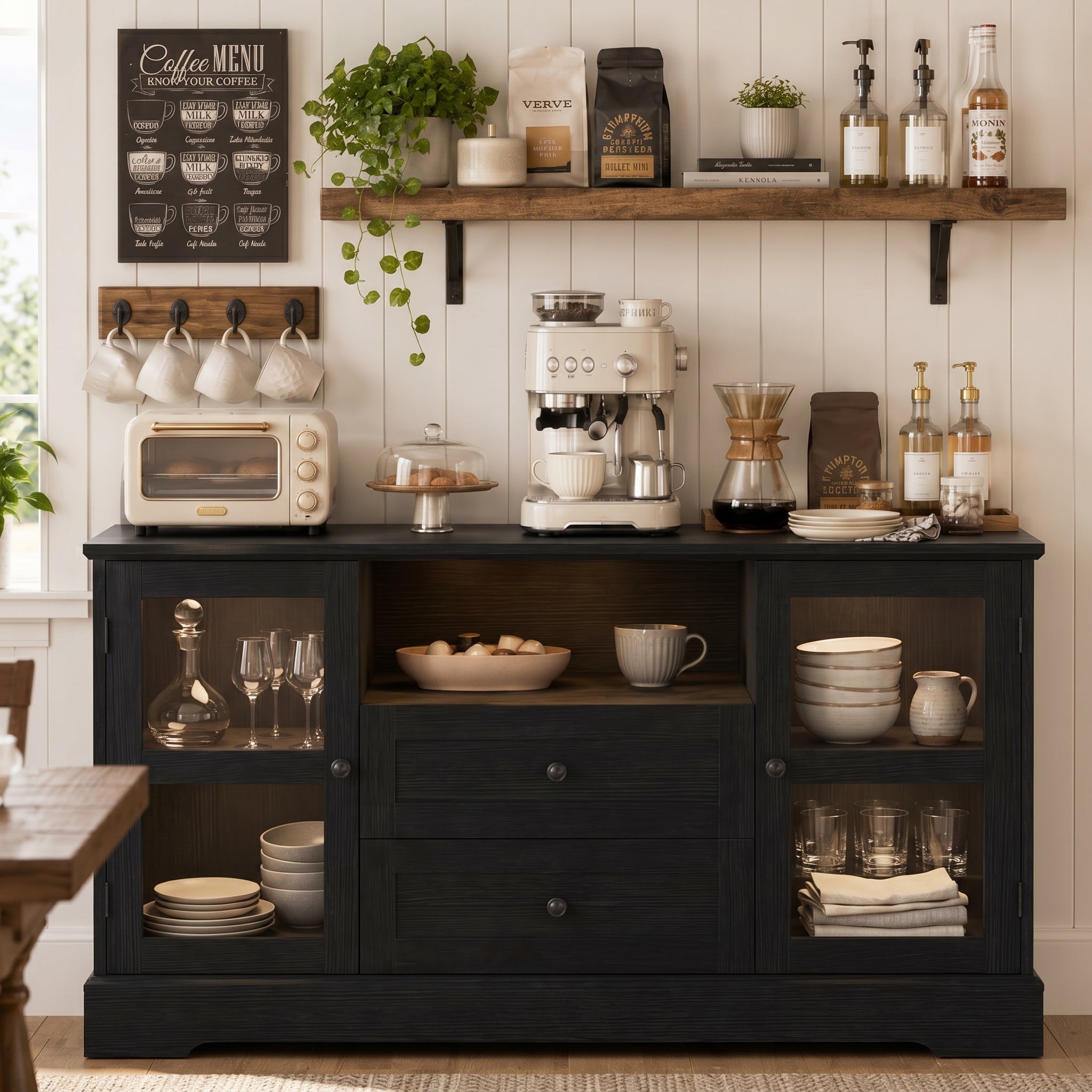 55 Inch Buffet Cabinet with Power Outlets, Coffee Bar with 2 Drawers, RGB LED Lights, Tempered Glass Doors & Adjustable Shelves, Modern Farmhouse Sideboard Storage Cabinet