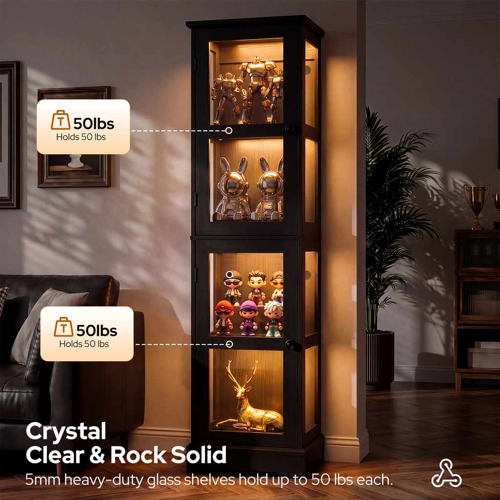 68.31" Tall 4-Tier Glass Display Cabinet with RGB LED Lights, Narrow Tall Curio Cabinet with Reversible Glass Door & Adjustable Shelves, Wood Display Case for Collectibles Living Room