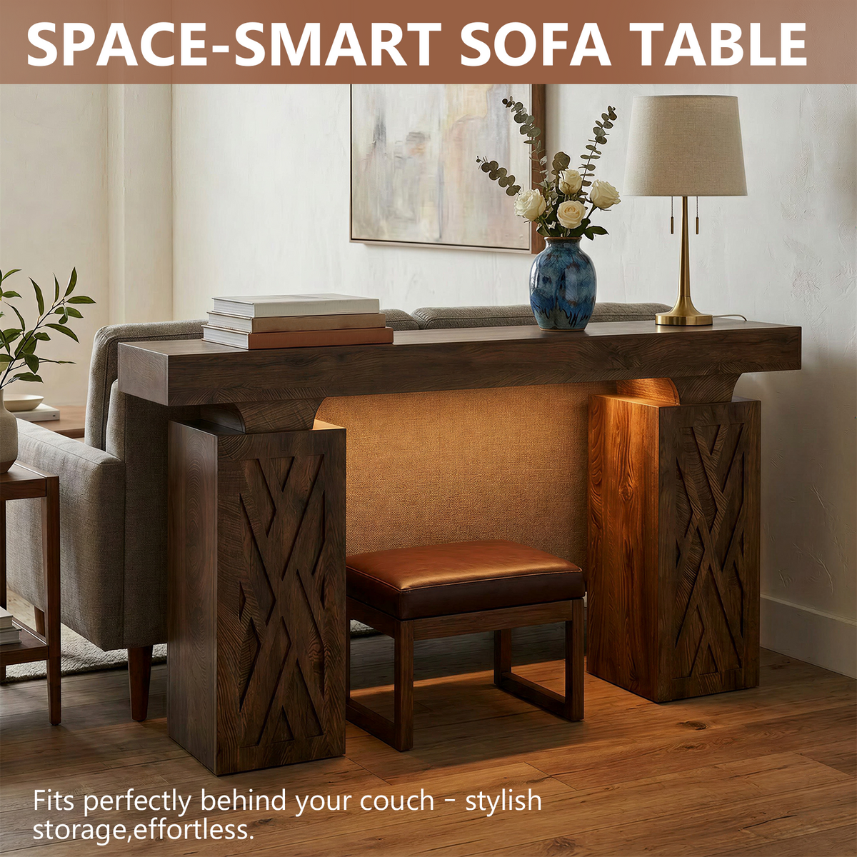 63-Inch Console Table with RGB LED Lights & Charging Station | Farmhouse Entryway Table with Geometric Base, Solid Wood-Grain Sofa Table Behind Couch, Accent Table for Hallway, Cracked Oak
