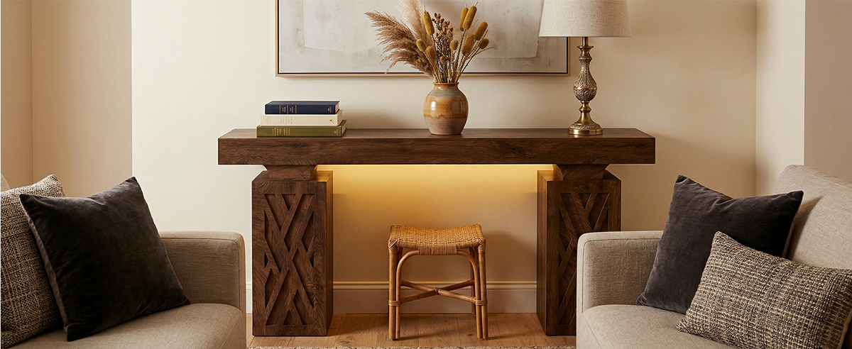 63-Inch Console Table with RGB LED Lights & Charging Station | Farmhouse Entryway Table with Geometric Base, Solid Wood-Grain Sofa Table Behind Couch, Accent Table for Hallway, Cracked Oak