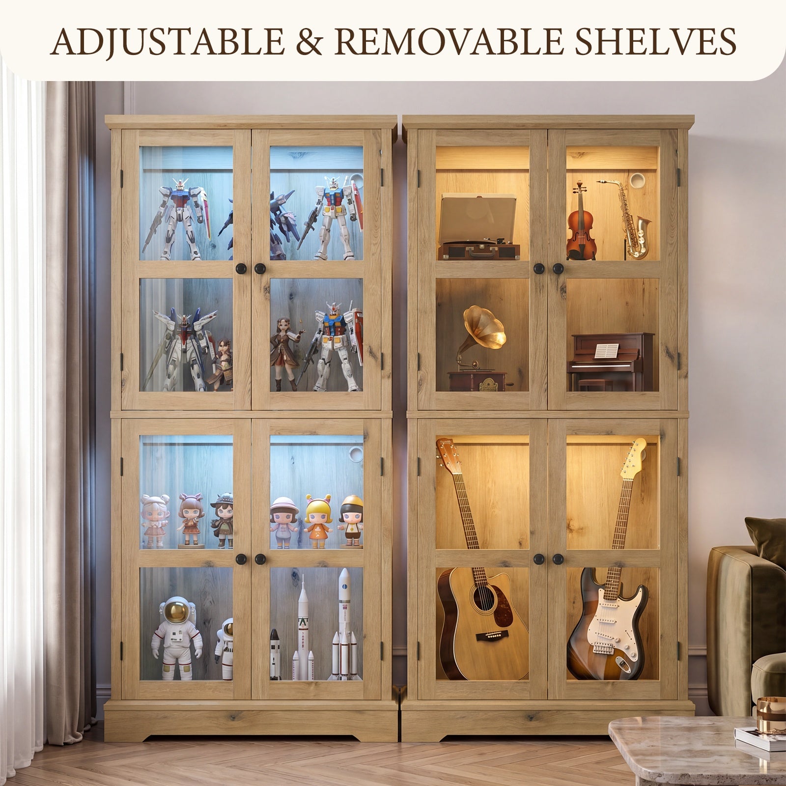 68" Tall Glass Display Cabinet with Doors, RGB Lights | 4-Tier Shelves, Sturdy Curio Cabinet with Adjustable Shelves Display Case for Collectibles, Figures, Books