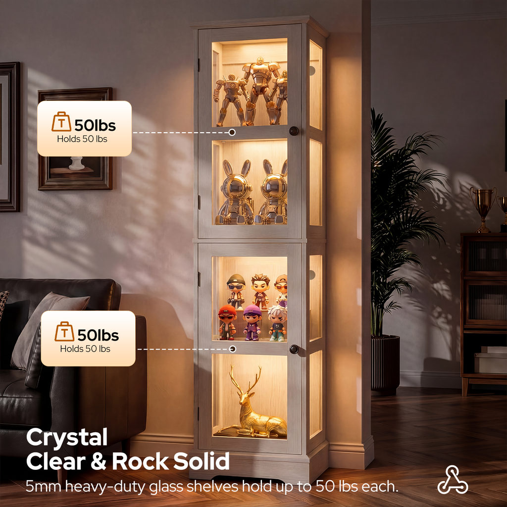 68.31" Tall 4-Tier Glass Display Cabinet with RGB LED Lights, Narrow Tall Curio Cabinet with Reversible Glass Door & Adjustable Shelves, Wood Display Case for Collectibles Living Room