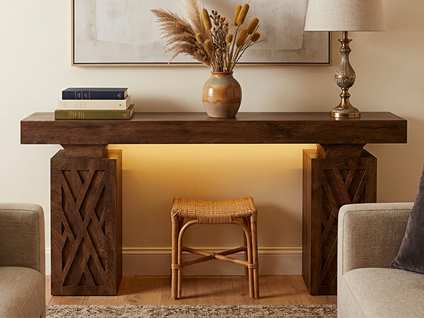 63-Inch Console Table with RGB LED Lights & Charging Station | Farmhouse Entryway Table with Geometric Base, Solid Wood-Grain Sofa Table Behind Couch, Accent Table for Hallway, Cracked Oak