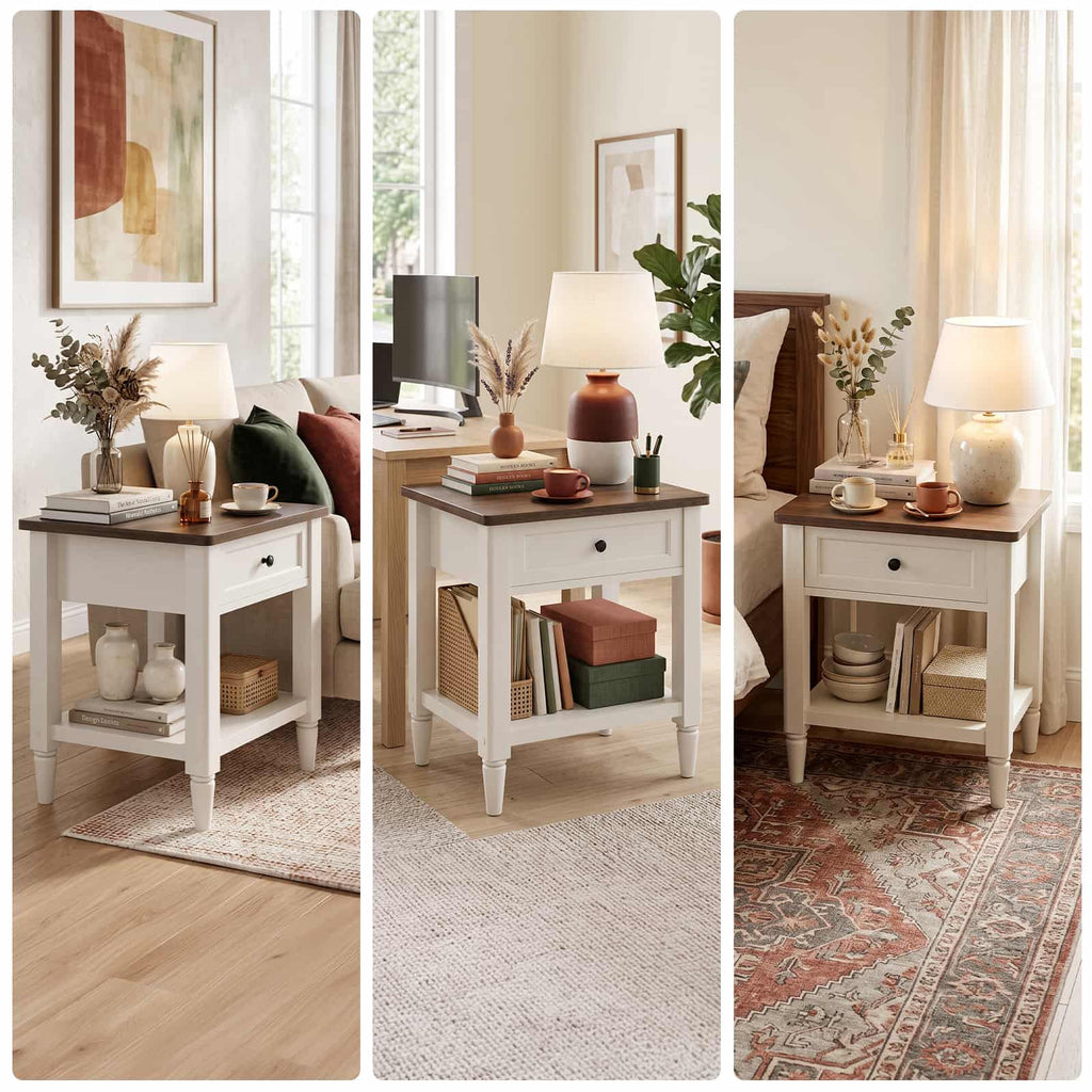 Farmhouse Nightstand with Charging Station, End Table with 2 AC Outlets & 3 USB Ports, Bedside & Sofa Side Power Hub, 19"x16"x24" Small Side Table with Drawer & Storage Shelf, 75lbs Capacity