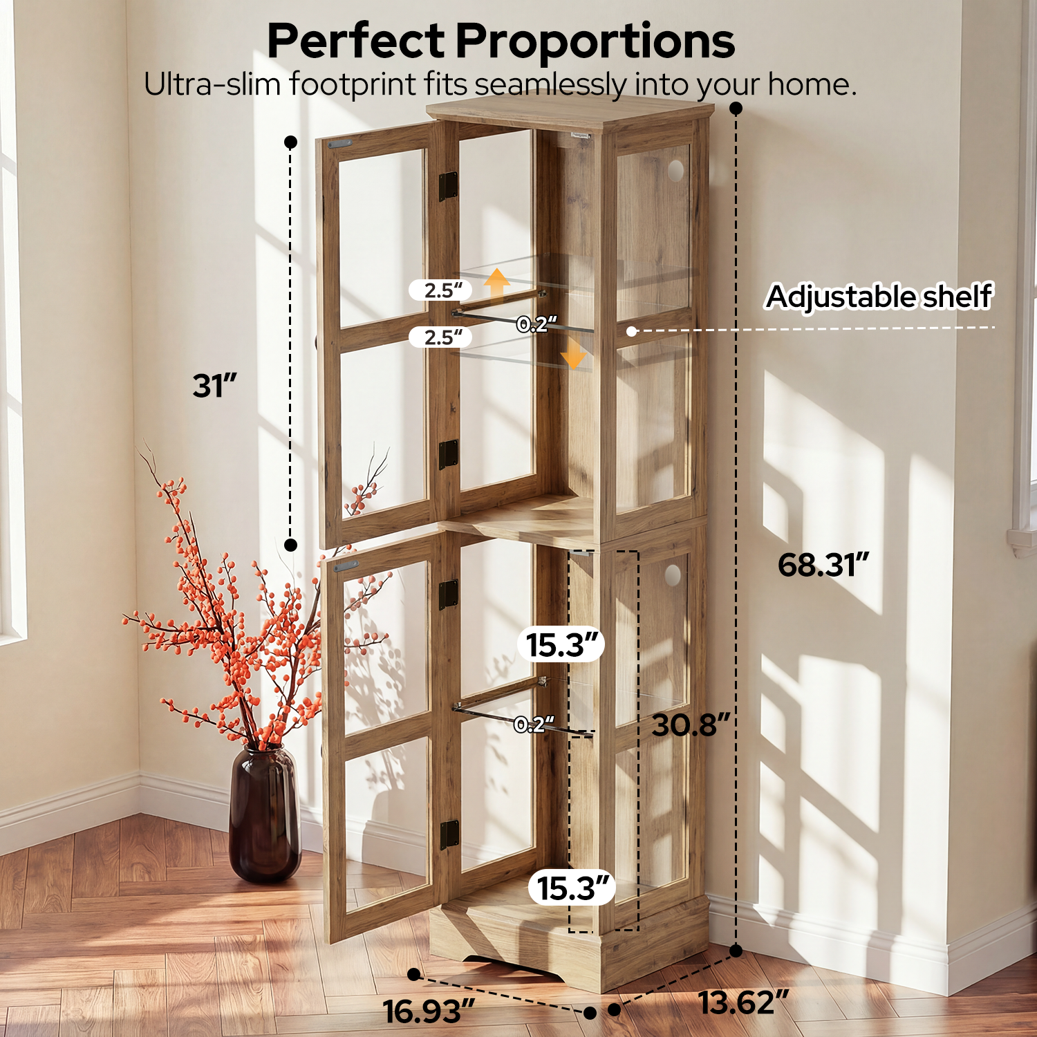 68.31" Tall 4-Tier Glass Display Cabinet with RGB LED Lights, Narrow Tall Curio Cabinet with Reversible Glass Door & Adjustable Shelves, Wood Display Case for Collectibles Living Room