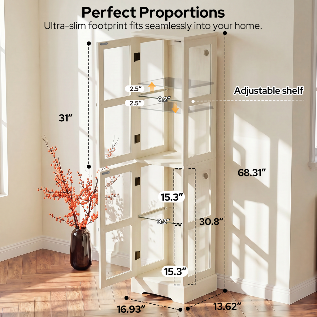 68.31" Tall 4-Tier Glass Display Cabinet with RGB LED Lights, Narrow Tall Curio Cabinet with Reversible Glass Door & Adjustable Shelves, Wood Display Case for Collectibles Living Room