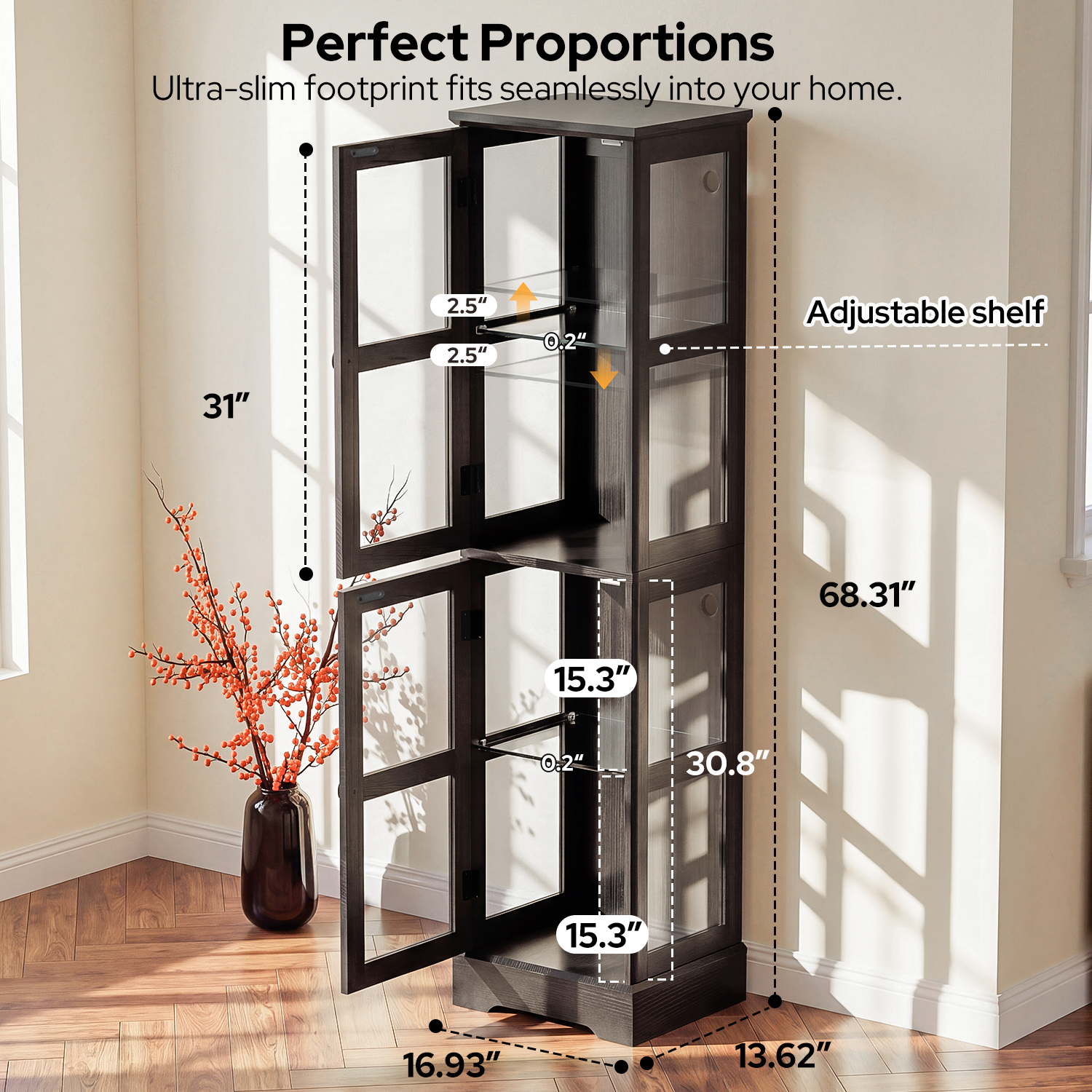 68" Glass Display Cabinet with RGB LED Lights, Narrow Tall Curio Cabinet with Reversible Glass Door
