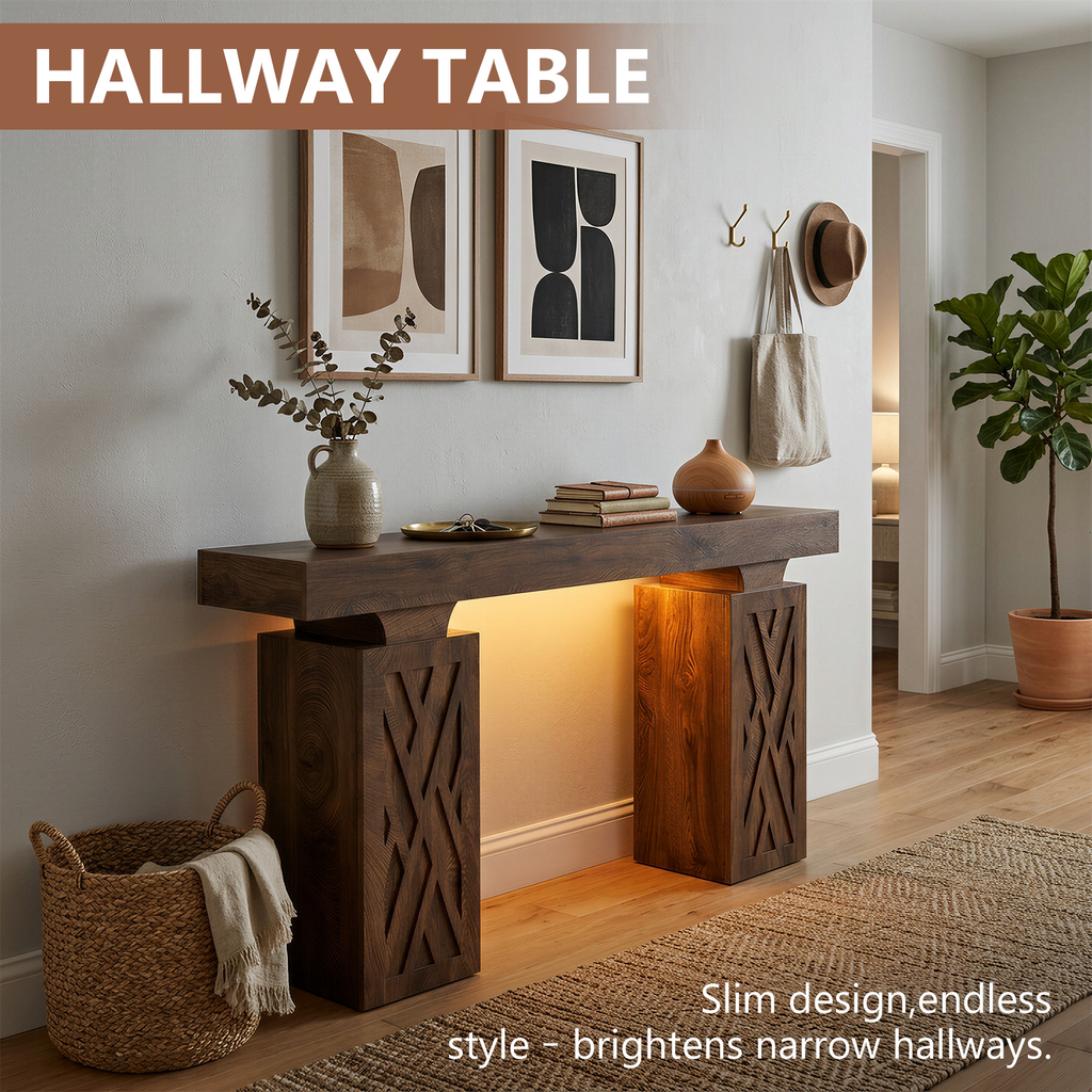 63-Inch Console Table with RGB LED Lights & Charging Station | Farmhouse Entryway Table with Geometric Base, Solid Wood-Grain Sofa Table Behind Couch, Accent Table for Hallway, Cracked Oak