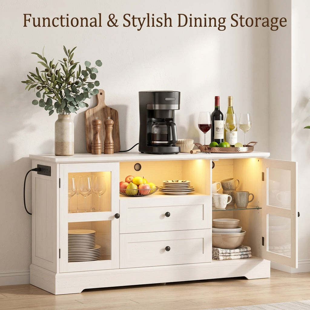 55 Inch Buffet Cabinet with Power Outlets, Coffee Bar with 2 Drawers, RGB LED Lights, Tempered Glass Doors & Adjustable Shelves, Modern Farmhouse Sideboard Storage Cabinet