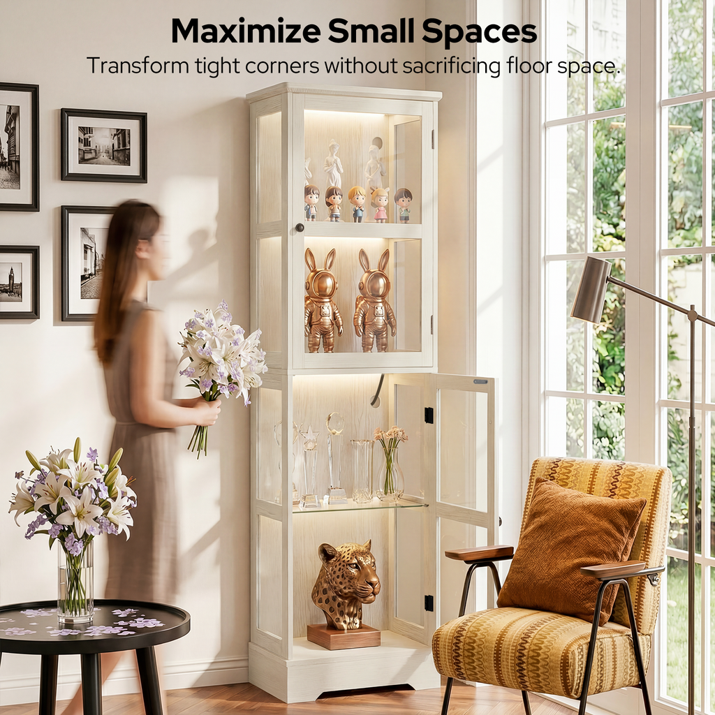 68.3" Tall Storage Cabinet with Glass Doors, Narrow Freestanding Floor Cabinet with Adjustable Shelves, RGB Lights & Reversible Door, Display Organizer for Living Room, Kitchen