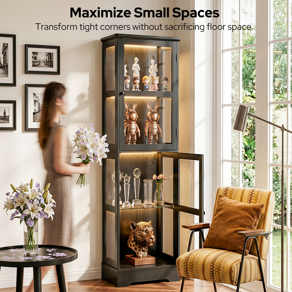 68" Glass Display Cabinet with RGB LED Lights, Narrow Tall Curio Cabinet with Reversible Glass Door