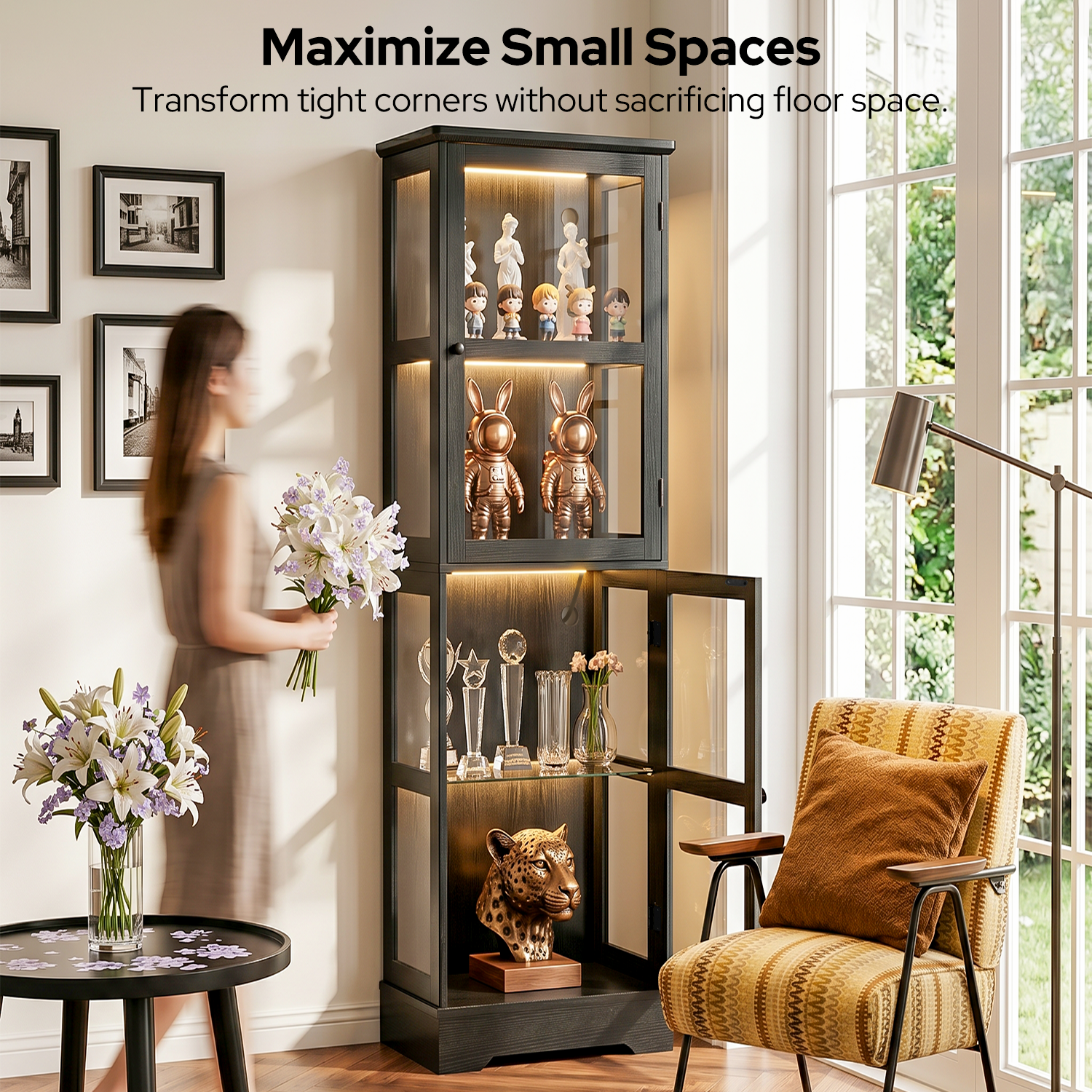 68" Glass Display Cabinet with RGB LED Lights, Narrow Tall Curio Cabinet with Reversible Glass Door