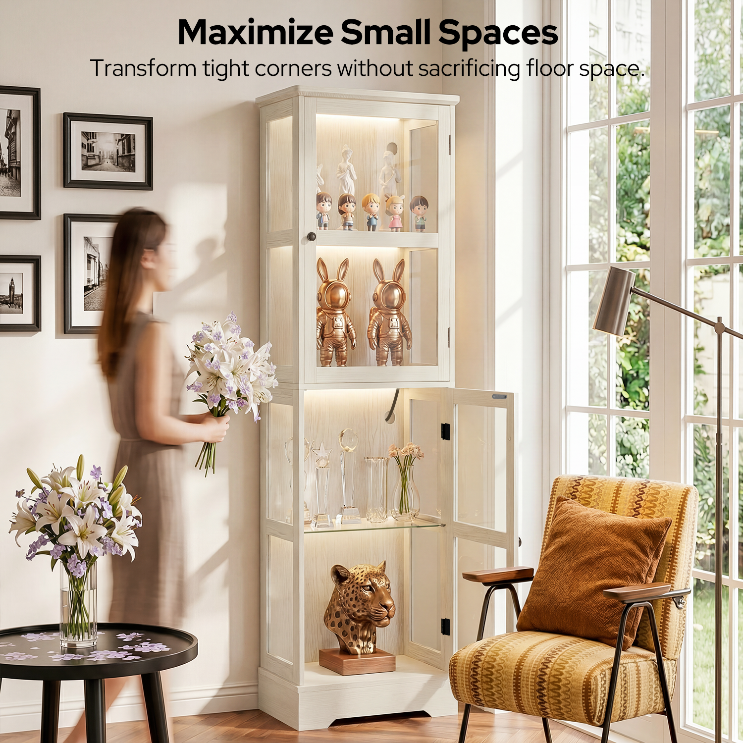68" Glass Display Cabinet with RGB LED Lights, Narrow Tall Curio Cabinet with Reversible Glass Door