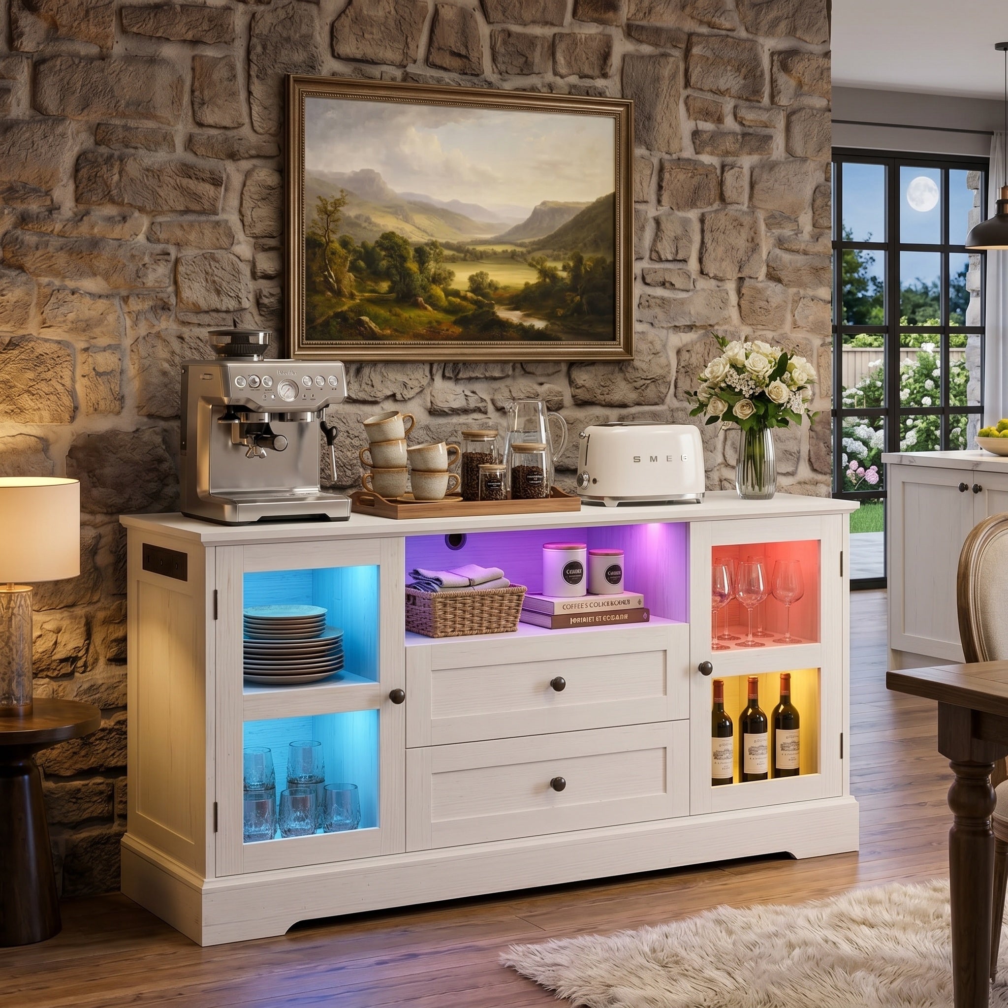 55 Inch Buffet Cabinet with Power Outlets, Coffee Bar with 2 Drawers, RGB LED Lights, Tempered Glass Doors & Adjustable Shelves, Modern Farmhouse Sideboard Storage Cabinet
