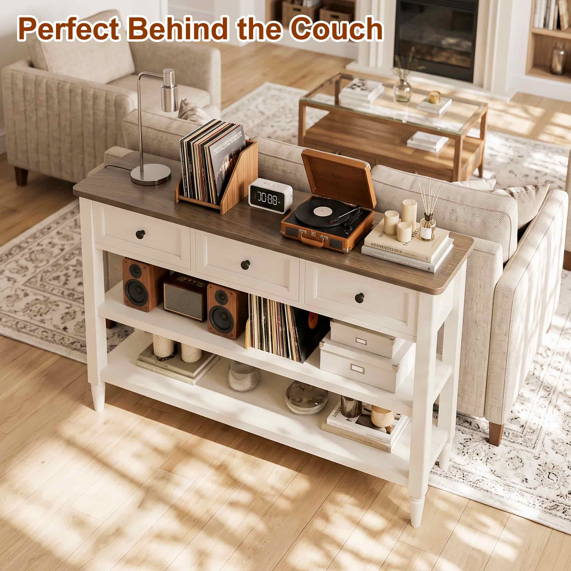 43-Inch Entryway Table with Storage, 12-Inch Deep Narrow Console Table with 3 Drawers and 2 Shelves, Farmhouse Sofa Table Behind Couch for Hallway, Foyer, Living Room