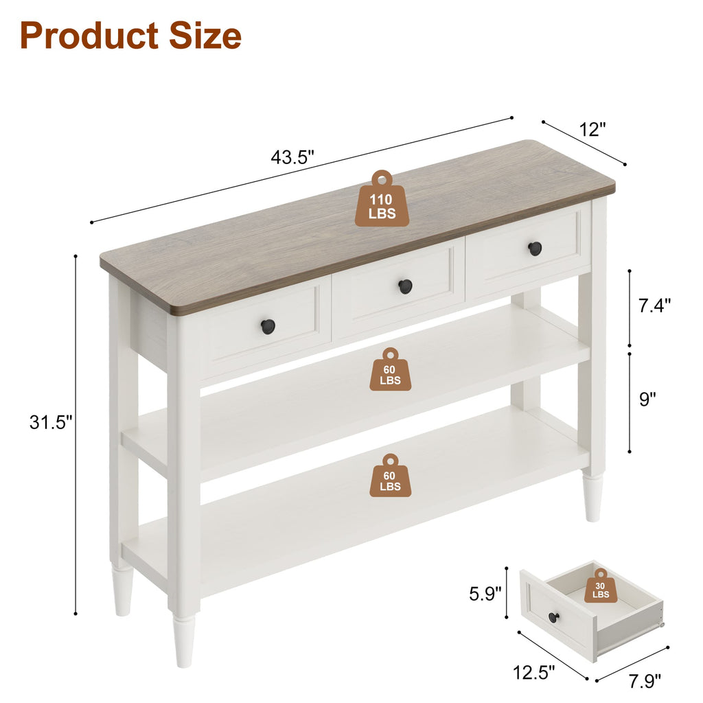 43-Inch Entryway Table with Storage, 12-Inch Deep Narrow Console Table with 3 Drawers and 2 Shelves, Farmhouse Sofa Table Behind Couch for Hallway, Foyer, Living Room