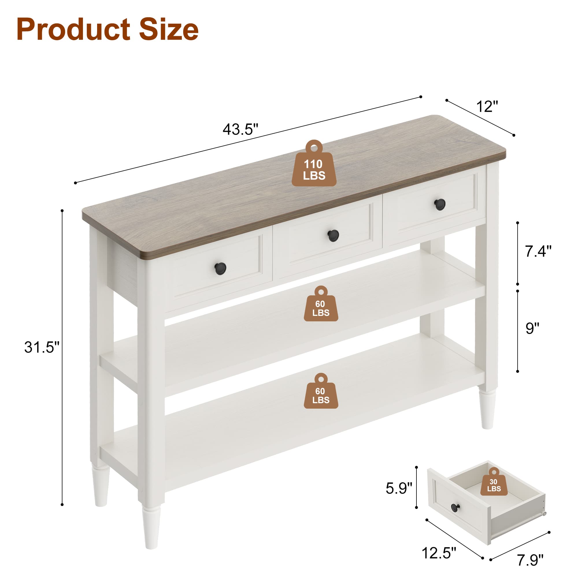 43-Inch Entryway Table with Storage, 12-Inch Deep Narrow Console Table with 3 Drawers and 2 Shelves, Farmhouse Sofa Table Behind Couch for Hallway, Foyer, Living Room