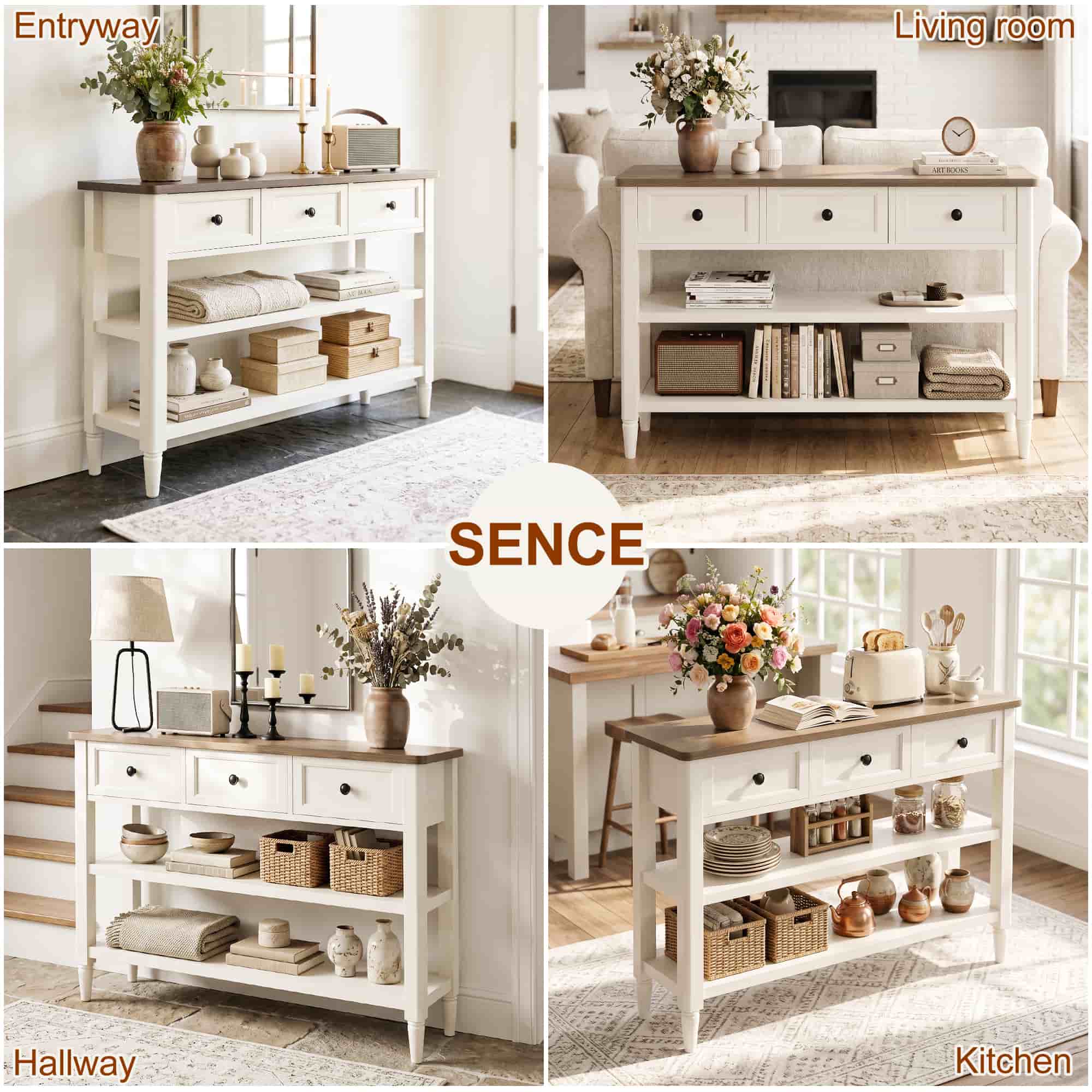 43-Inch Entryway Table with Storage, 12-Inch Deep Narrow Console Table with 3 Drawers and 2 Shelves, Farmhouse Sofa Table Behind Couch for Hallway, Foyer, Living Room