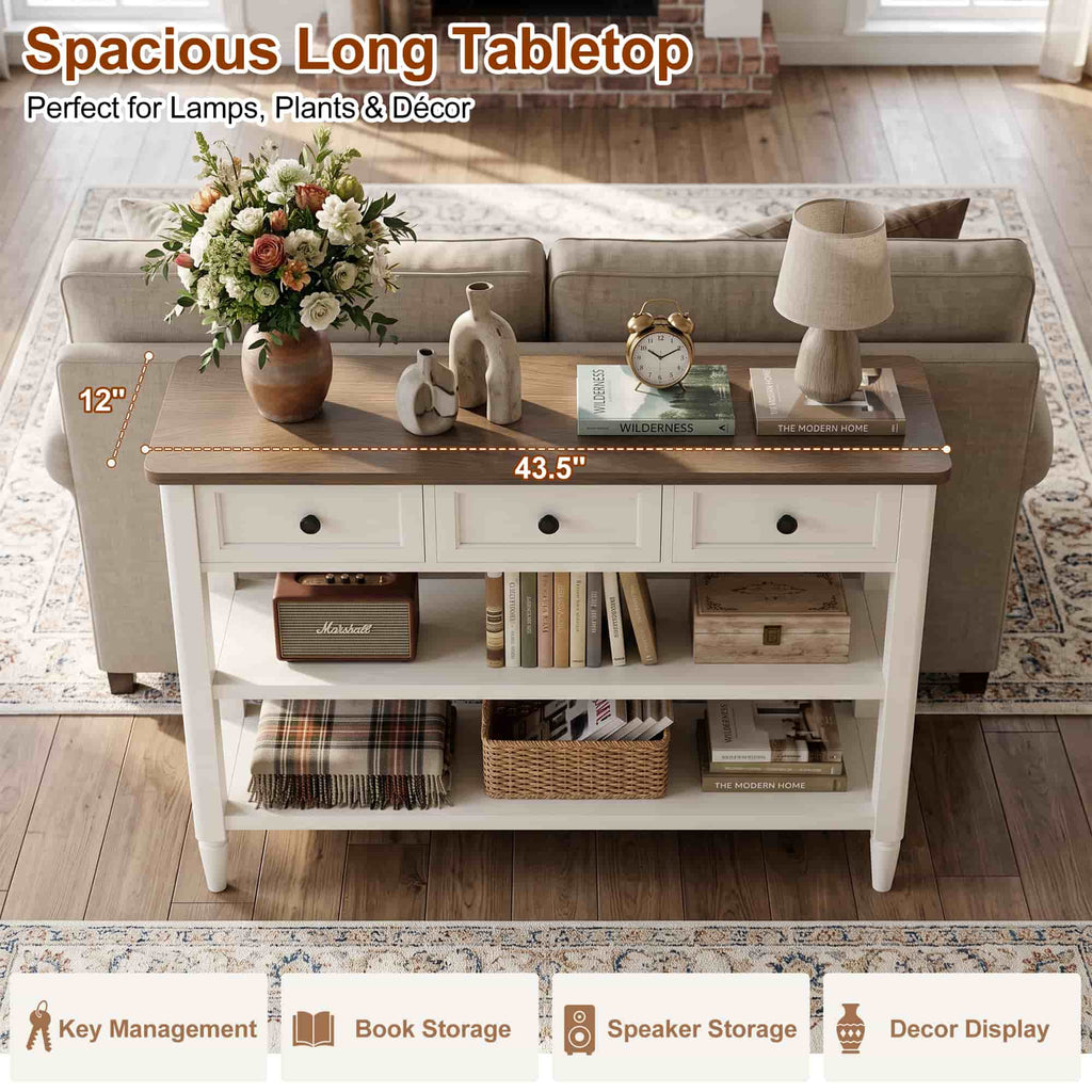 43-Inch Entryway Table with Storage, 12-Inch Deep Narrow Console Table with 3 Drawers and 2 Shelves, Farmhouse Sofa Table Behind Couch for Hallway, Foyer, Living Room