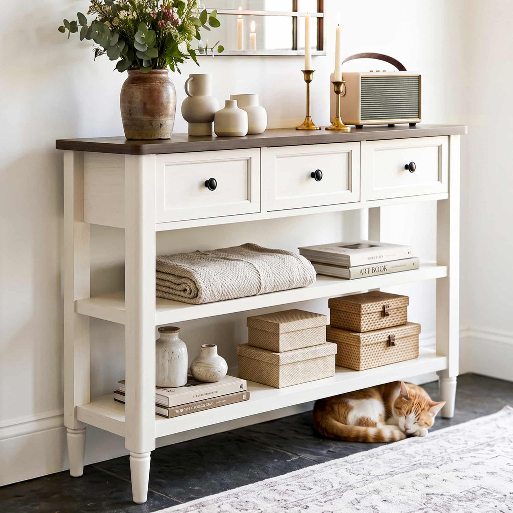 43-Inch Entryway Table with Storage, 12-Inch Deep Narrow Console Table with 3 Drawers and 2 Shelves, Farmhouse Sofa Table Behind Couch for Hallway, Foyer, Living Room