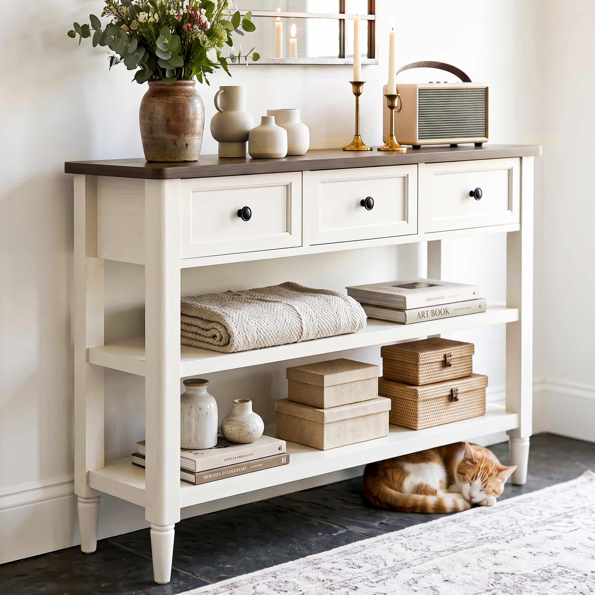 43-Inch Entryway Table with Storage, 12-Inch Deep Narrow Console Table with 3 Drawers and 2 Shelves, Farmhouse Sofa Table Behind Couch for Hallway, Foyer, Living Room