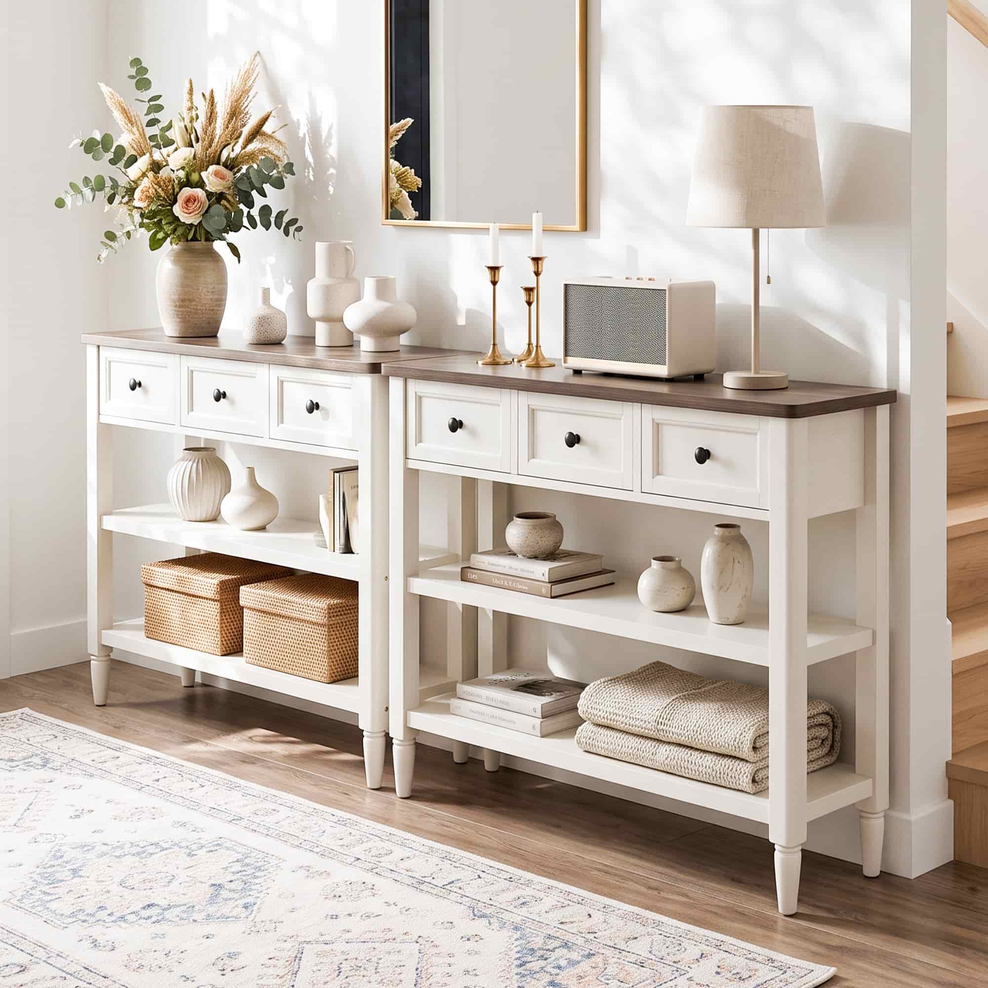43-Inch Entryway Table with Storage, 12-Inch Deep Narrow Console Table with 3 Drawers and 2 Shelves, Farmhouse Sofa Table Behind Couch for Hallway, Foyer, Living Room