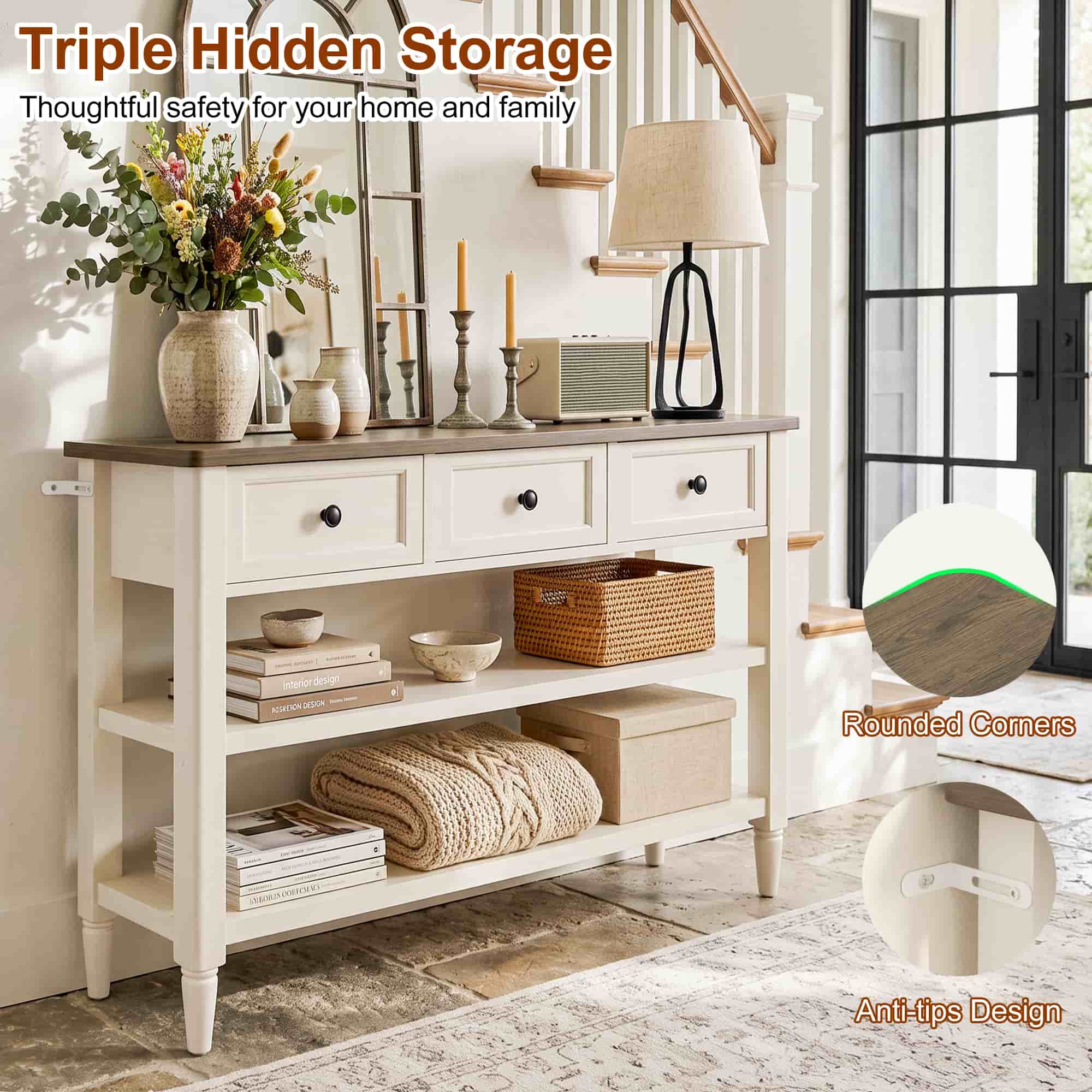 43-Inch Entryway Table with Storage, 12-Inch Deep Narrow Console Table with 3 Drawers and 2 Shelves, Farmhouse Sofa Table Behind Couch for Hallway, Foyer, Living Room