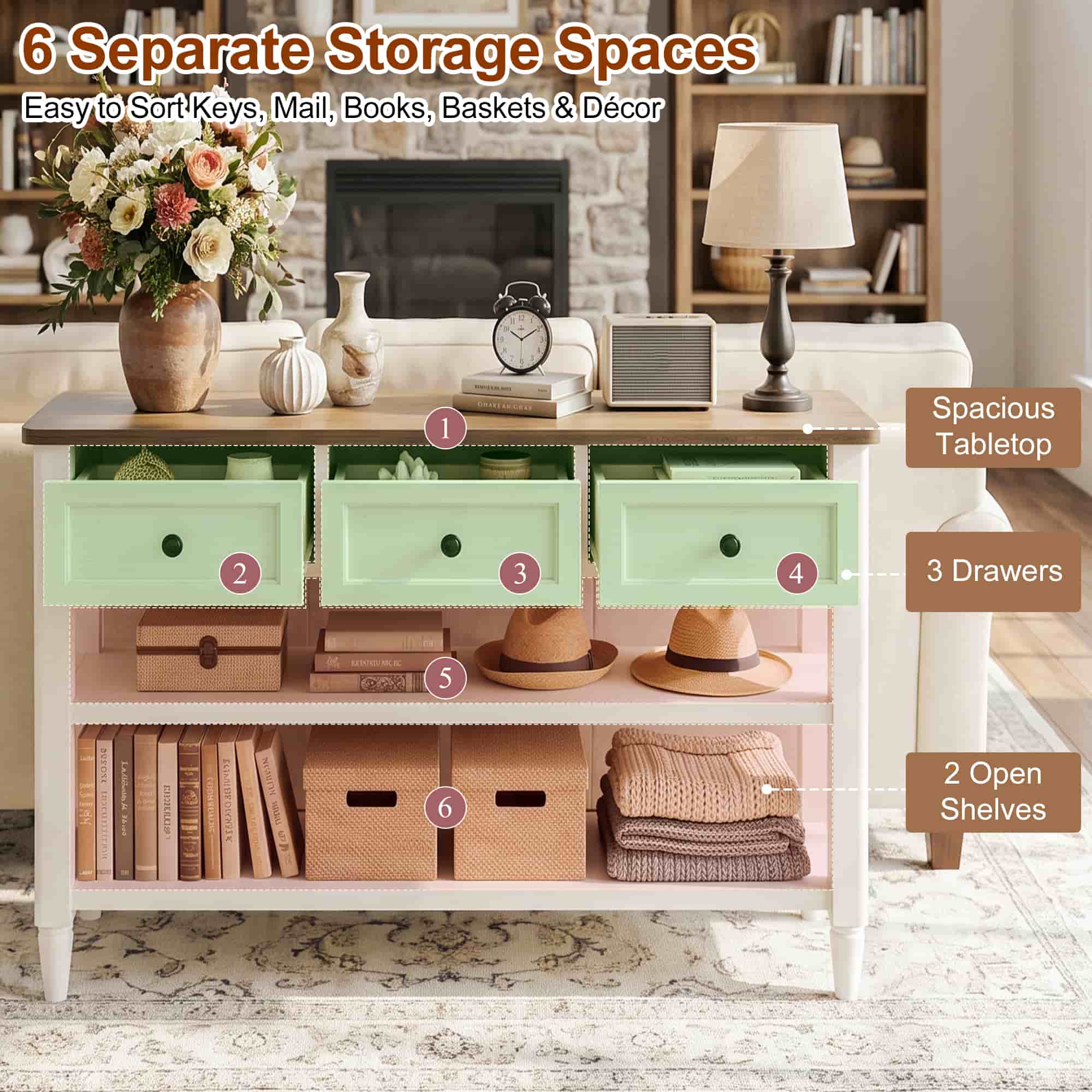 43-Inch Entryway Table with Storage, 12-Inch Deep Narrow Console Table with 3 Drawers and 2 Shelves, Farmhouse Sofa Table Behind Couch for Hallway, Foyer, Living Room