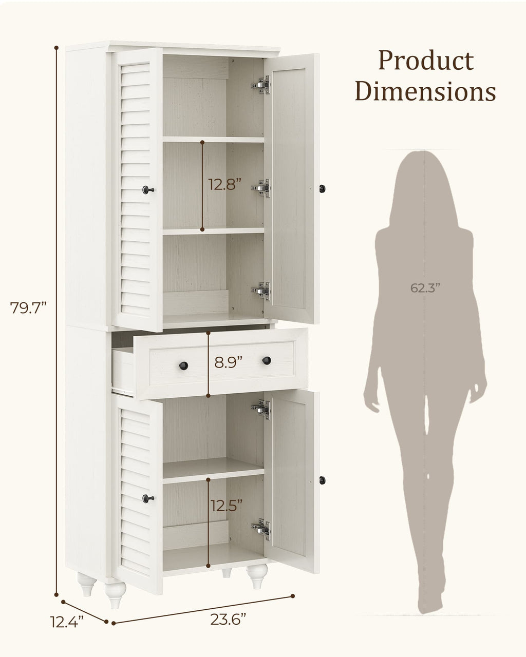 80" Tall Storage Cabinet with Louvered Doors and Adjustable Shelves